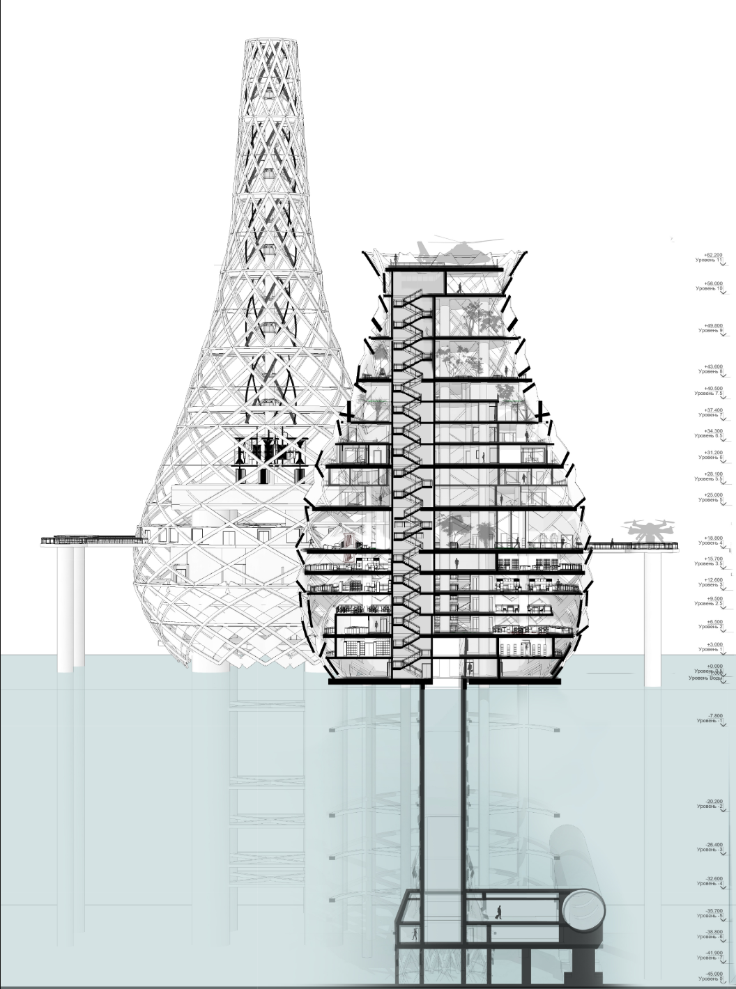 Sectional drawing revealing the layered spatial organization of the underwater architecture concept.