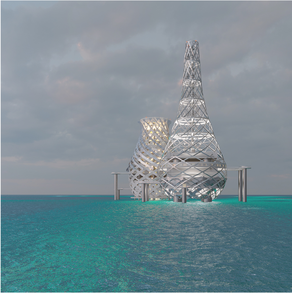 Sculptural offshore towers rising above the Adriatic Sea as symbols of futuristic ocean architecture.
