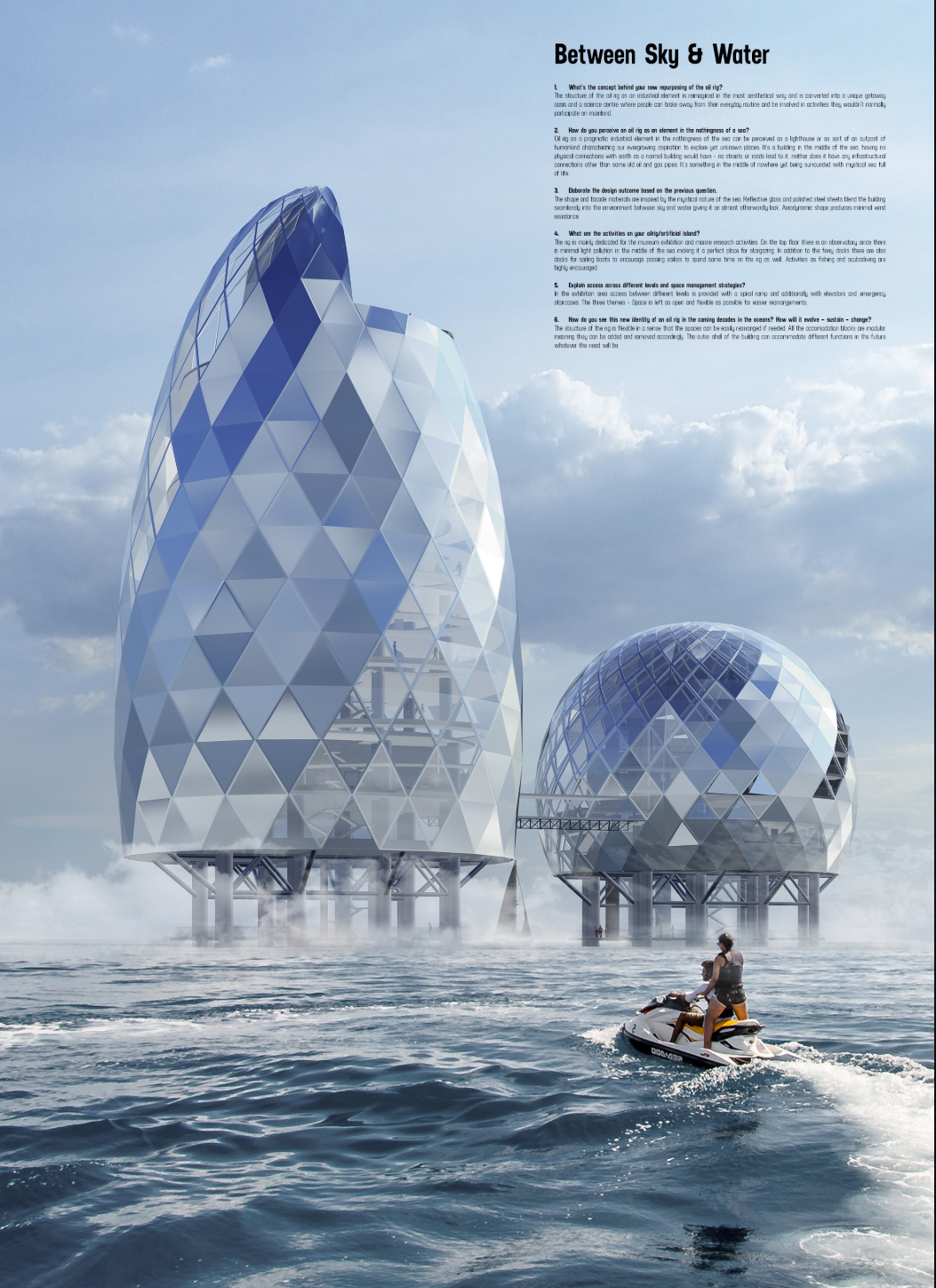 Futuristic offshore structures emerge between sea and sky, transforming abandoned oil rigs into immersive marine architecture.