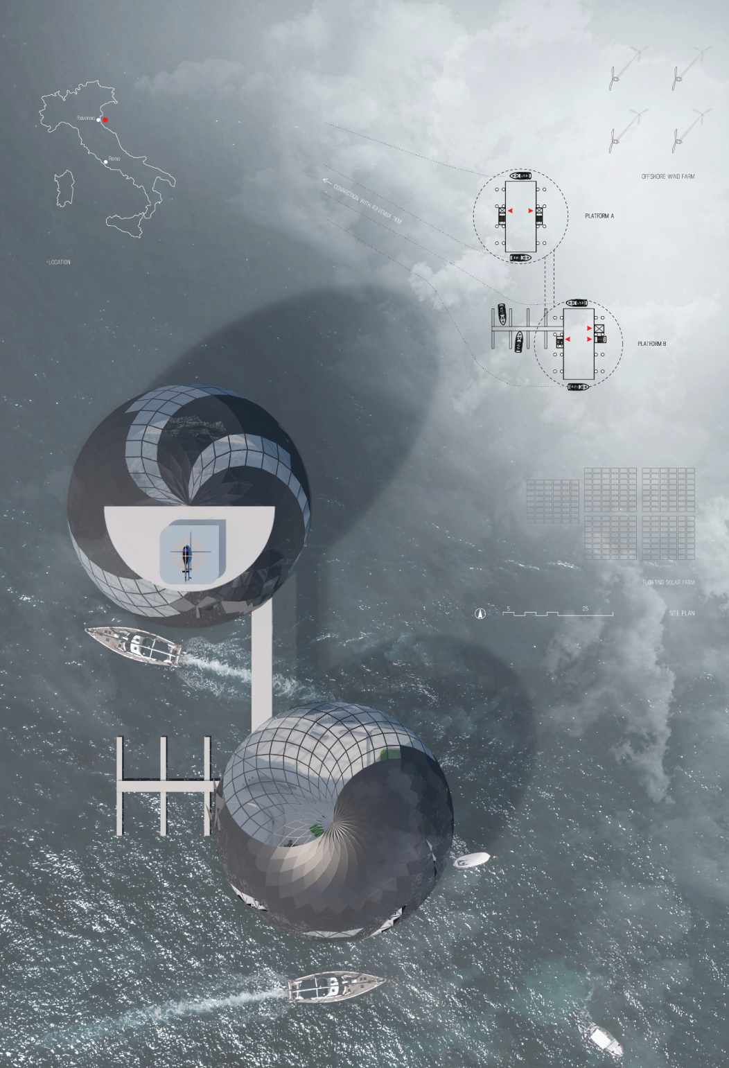 Aerial site plan showing interconnected ocean platforms designed for research, tourism, and sustainable offshore living.