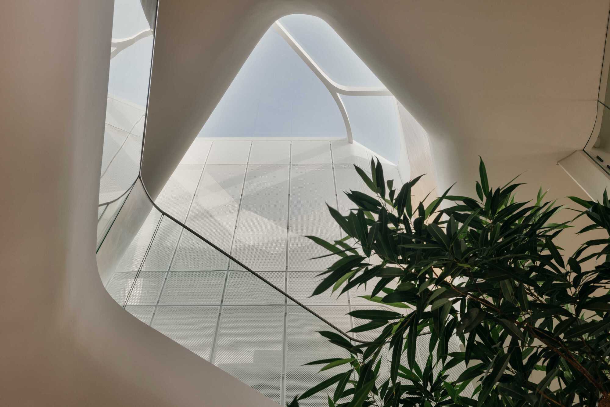 Looking up through the curved stairwell void with potted plants at the lower level
