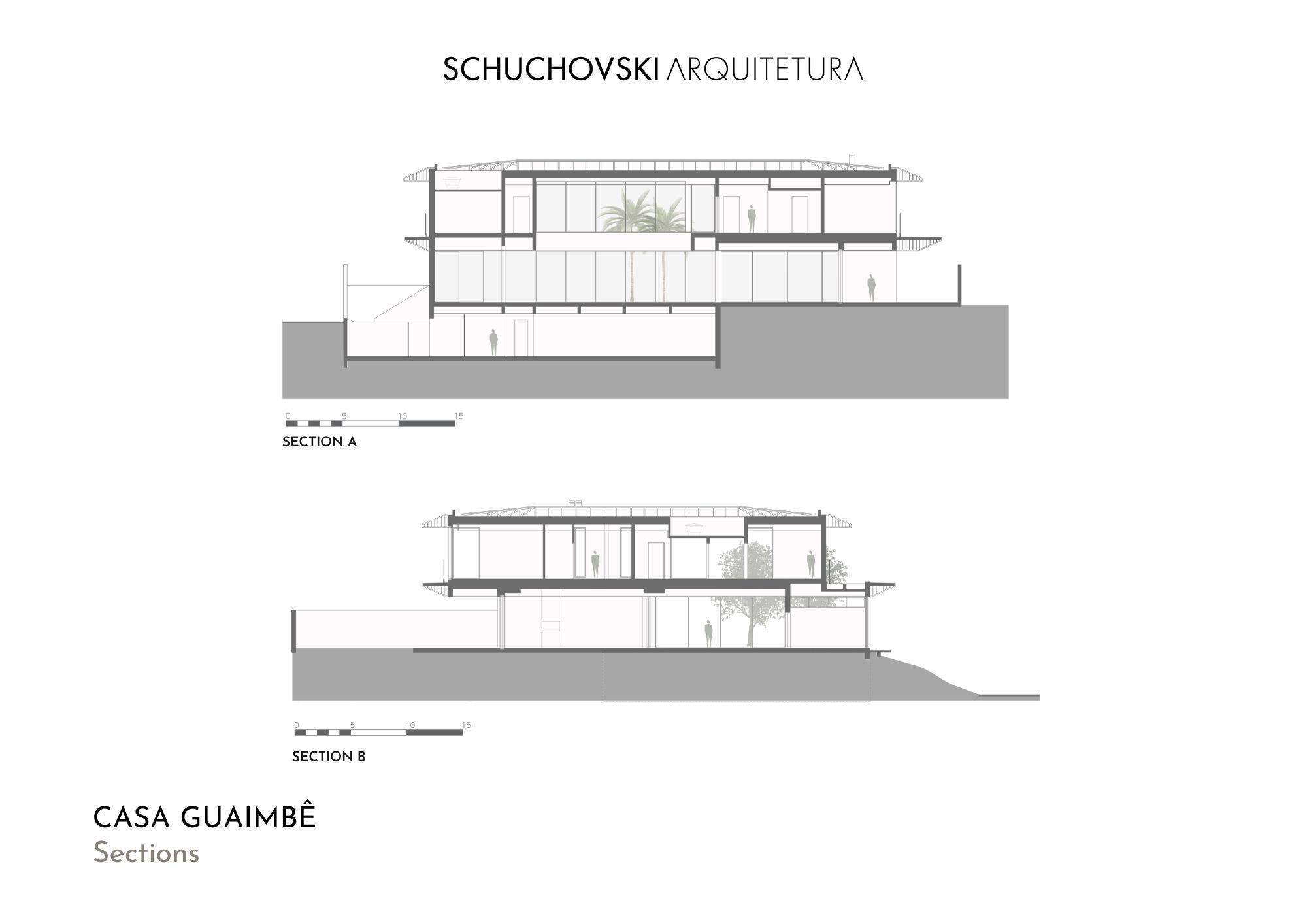Section drawings showing two-story volumes with flat roofs set into sloping terrain