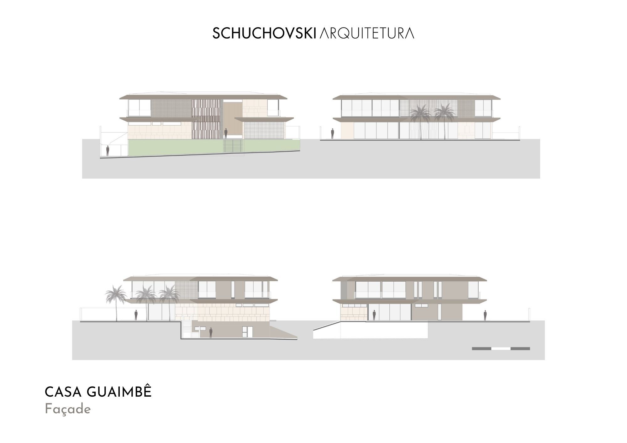Elevation drawings showing four facade views of the horizontal volumes with palm trees