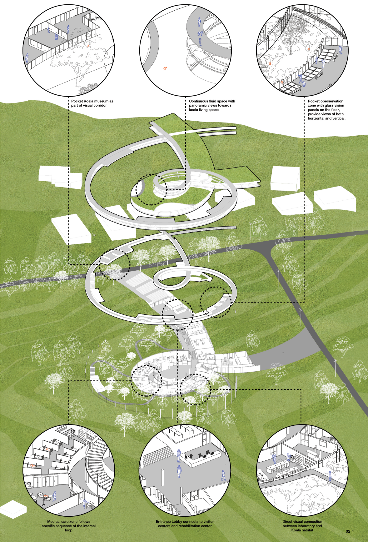 Layered circulation loops organize visitor experiences, rehabilitation functions, and protected koala habitats within a continuous architectural system.