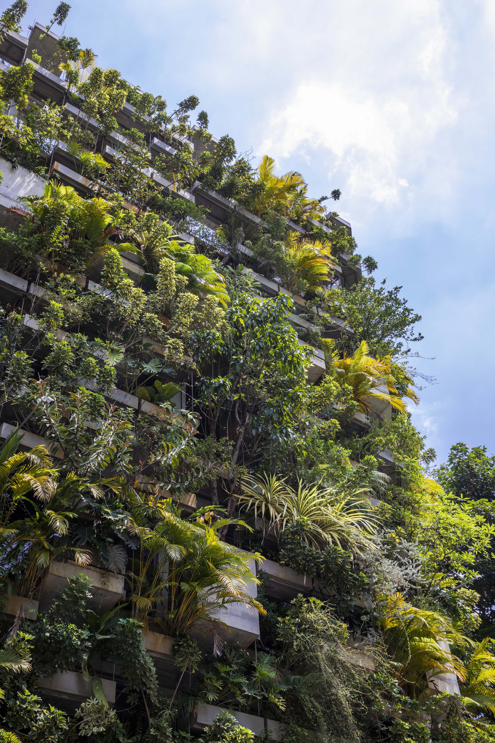 Facade with cascading greenery on every balcony rising against a partly cloudy afternoon sky