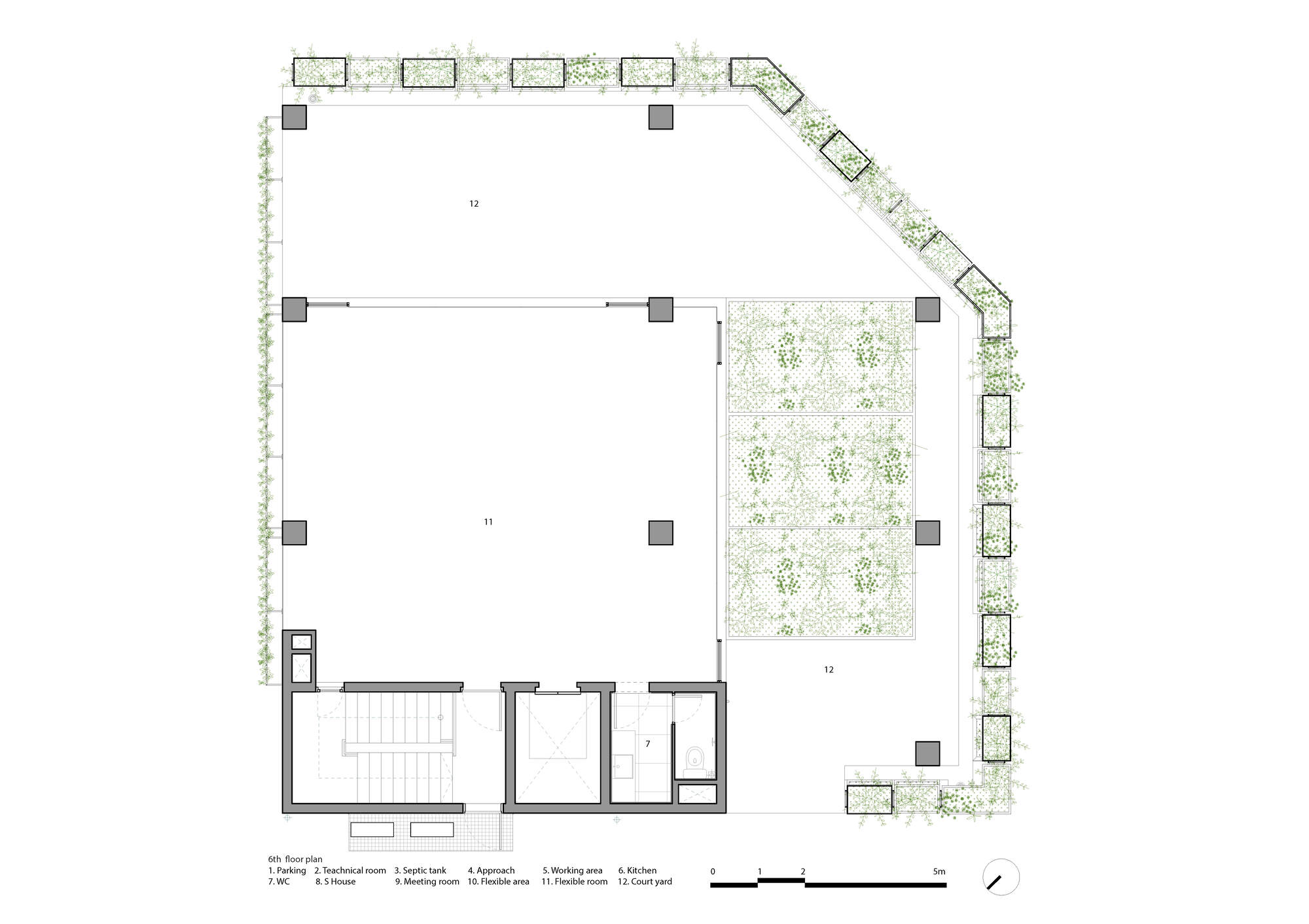 Floor plan drawing showing two open areas with a planted courtyard zone and perimeter landscaping