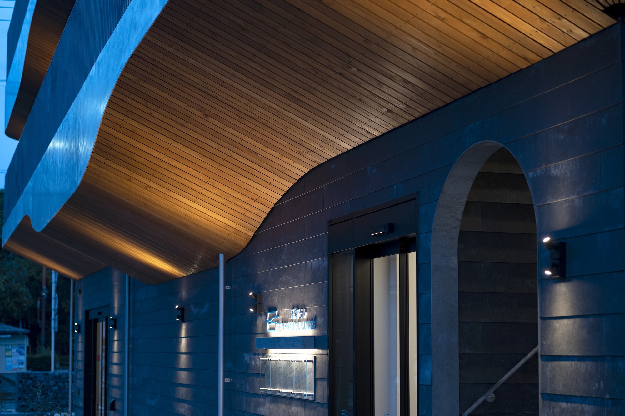 Entry canopy with timber slat ceiling and dark horizontal cladding illuminated at dusk