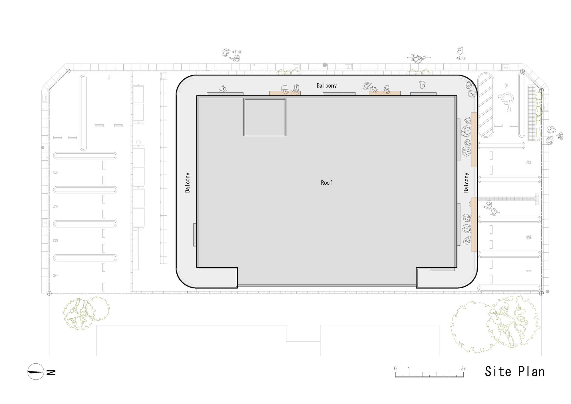 Site plan drawing showing rectangular roof with continuous balcony and surrounding parking and landscape elements