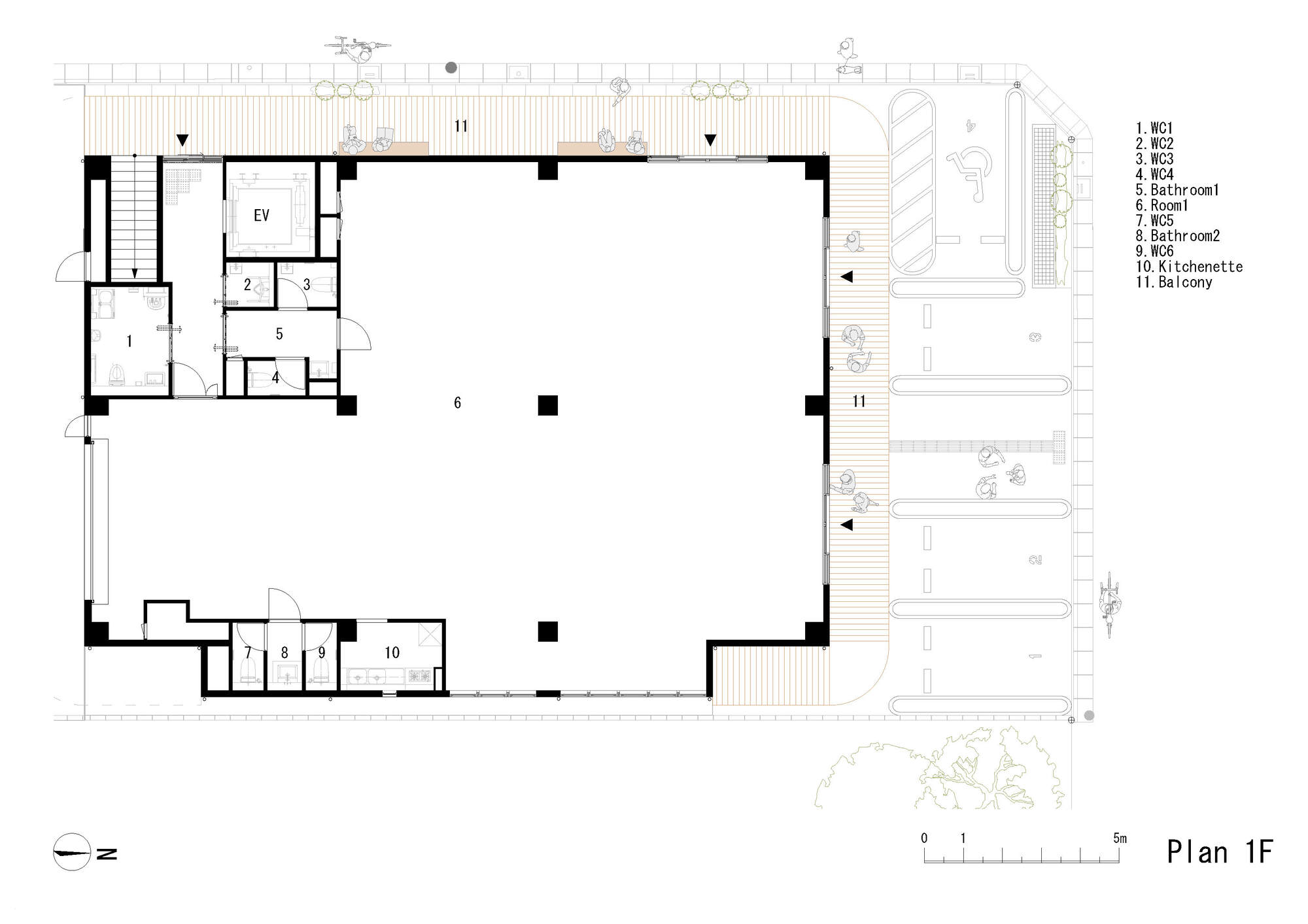 First floor plan drawing with labeled rooms and exterior balcony wrapping the main volume
