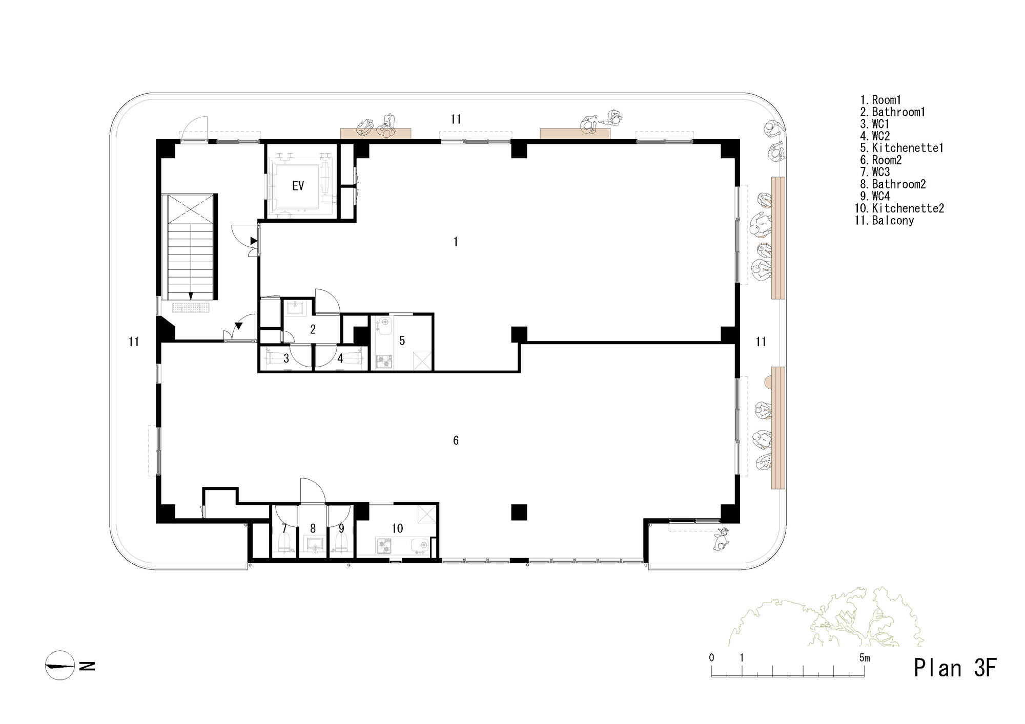 Third floor plan drawing showing the central stair and elevator serving dual open areas with perimeter balconies