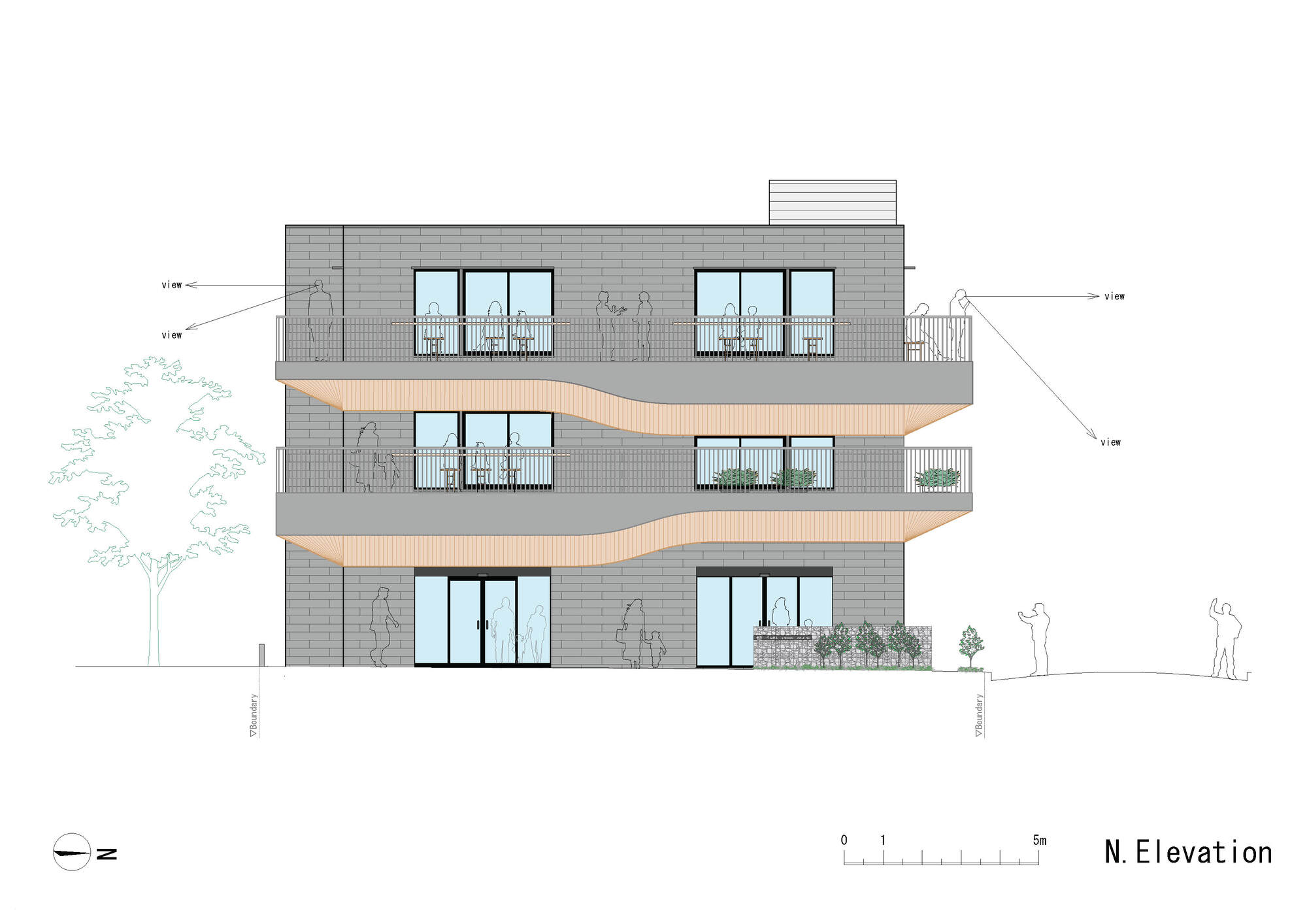 North elevation drawing showing three-story brick facade with recessed balconies and timber-clad wavy floor plates