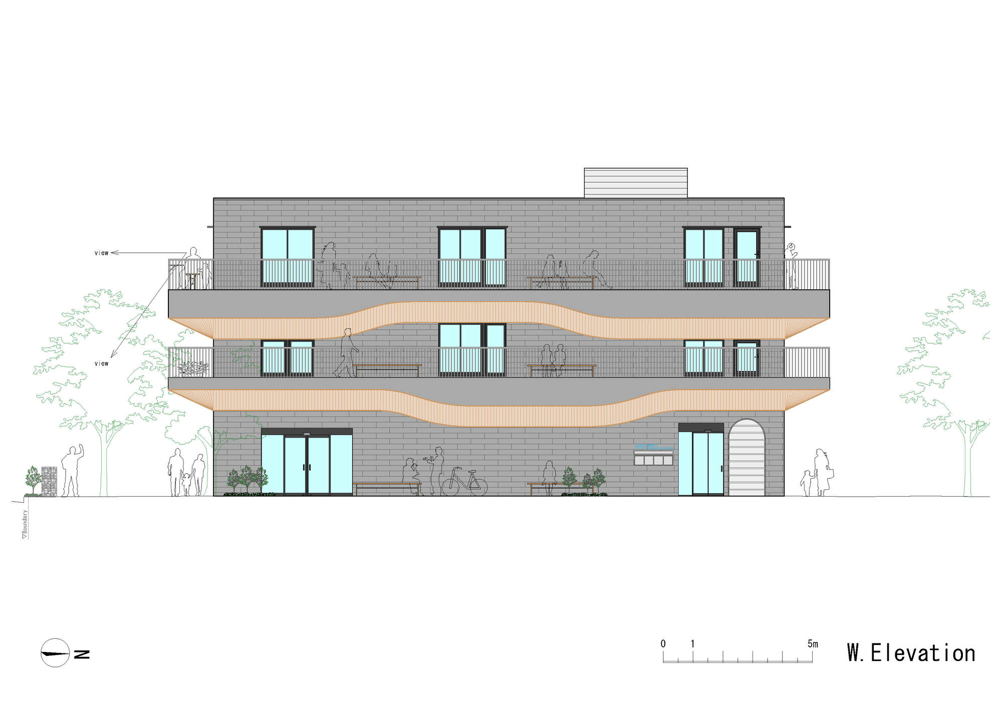 West elevation drawing showing layered facade with undulating timber bands between grey brick and glazed openings