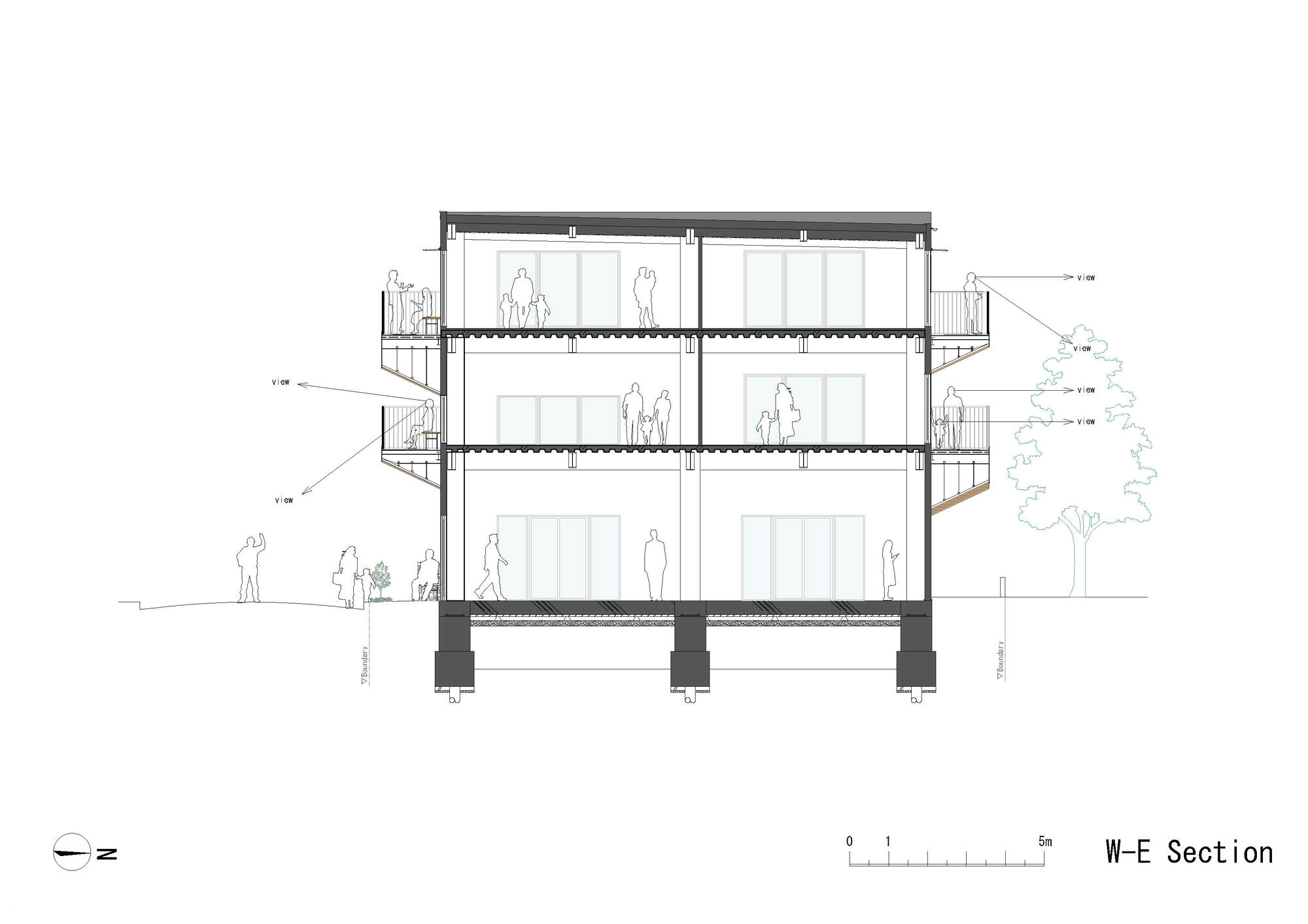 West-east section drawing revealing three stacked floor levels with concrete slabs, balconies, and rooftop plant room