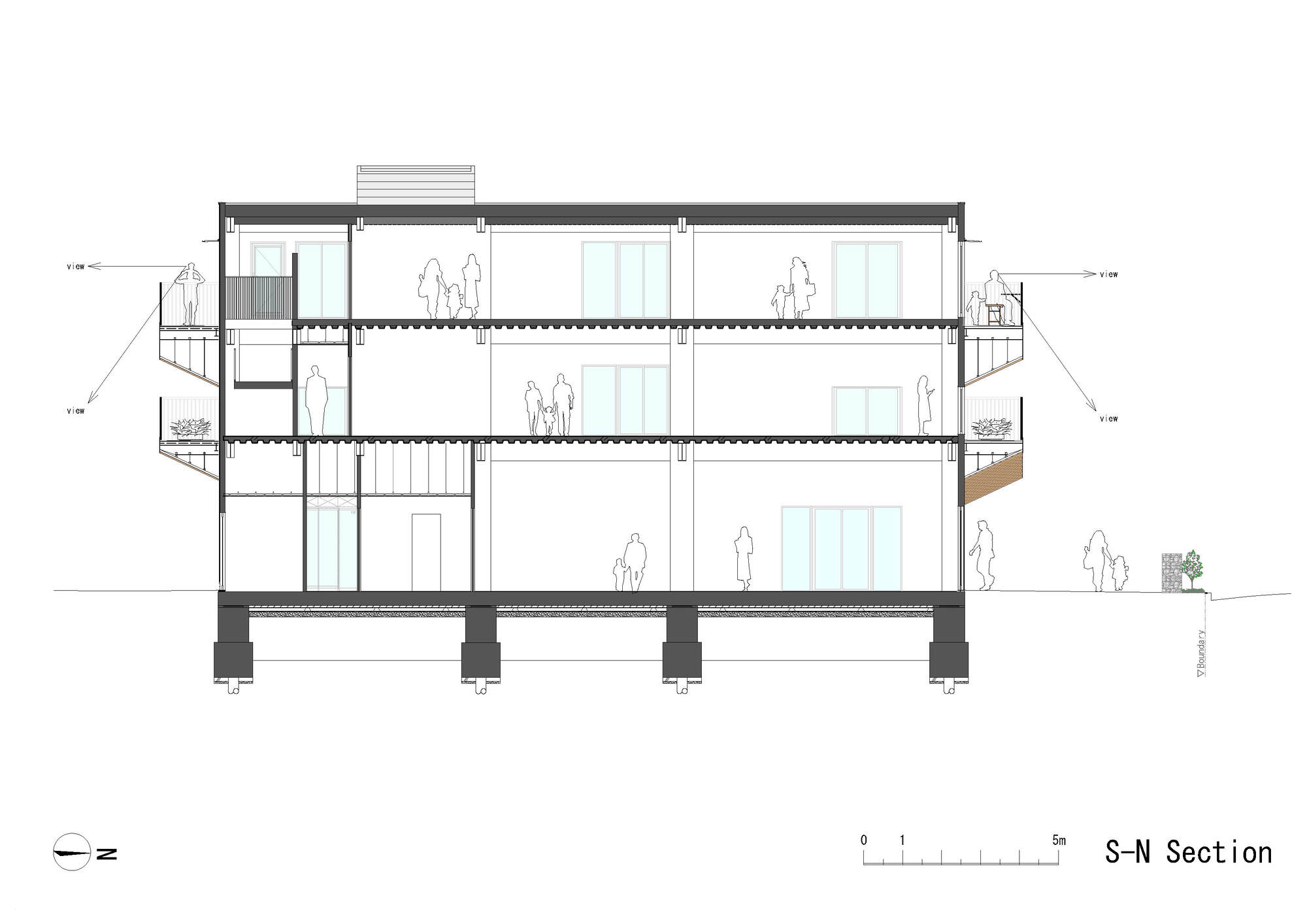 South-north section drawing showing staggered balconies, central stair void, and structural foundation piers with figures for scale