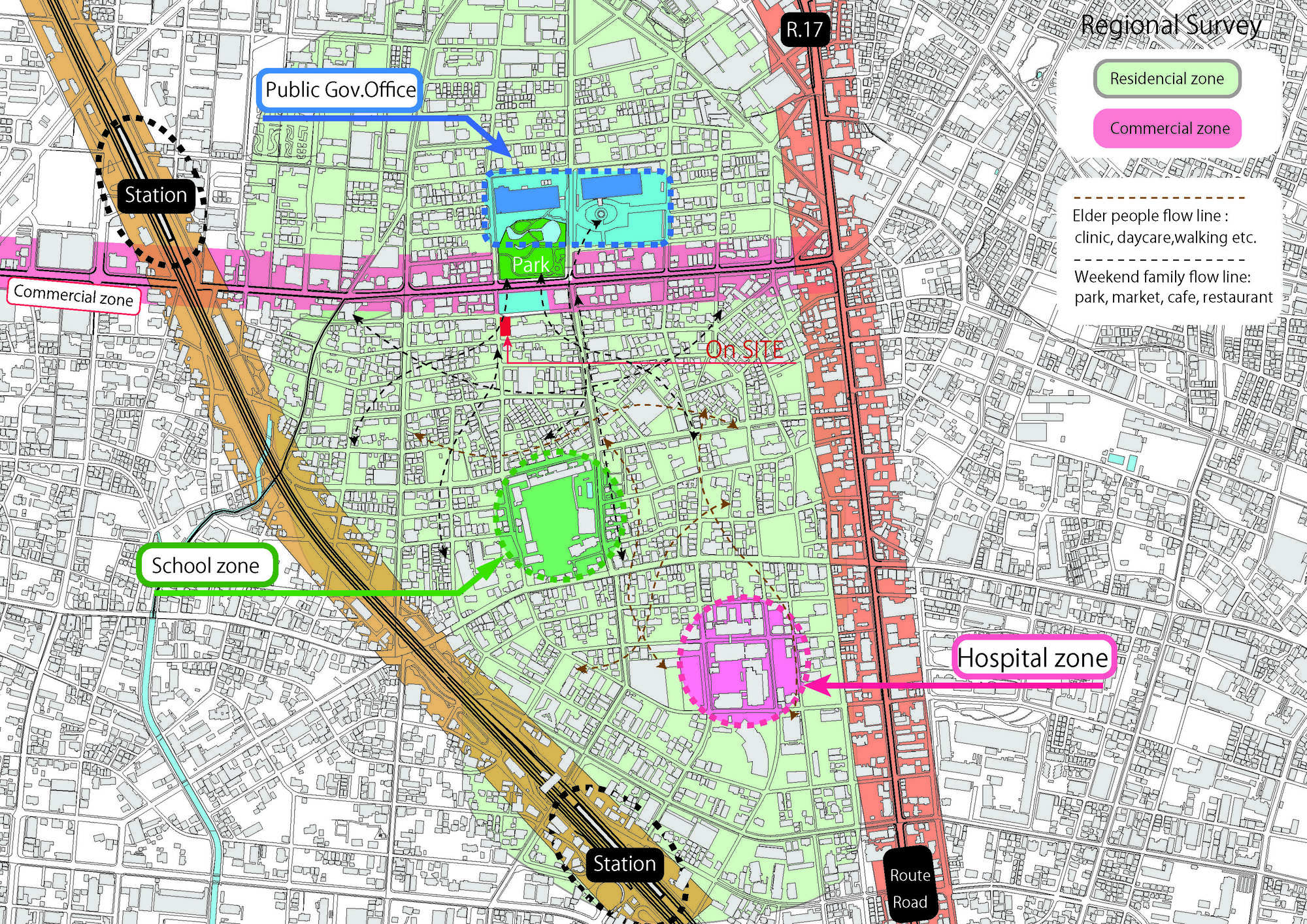 This image presents a regional survey site plan, illustrating zoning and flow lines within a community. It highlights residential, commercial, school, and hospi