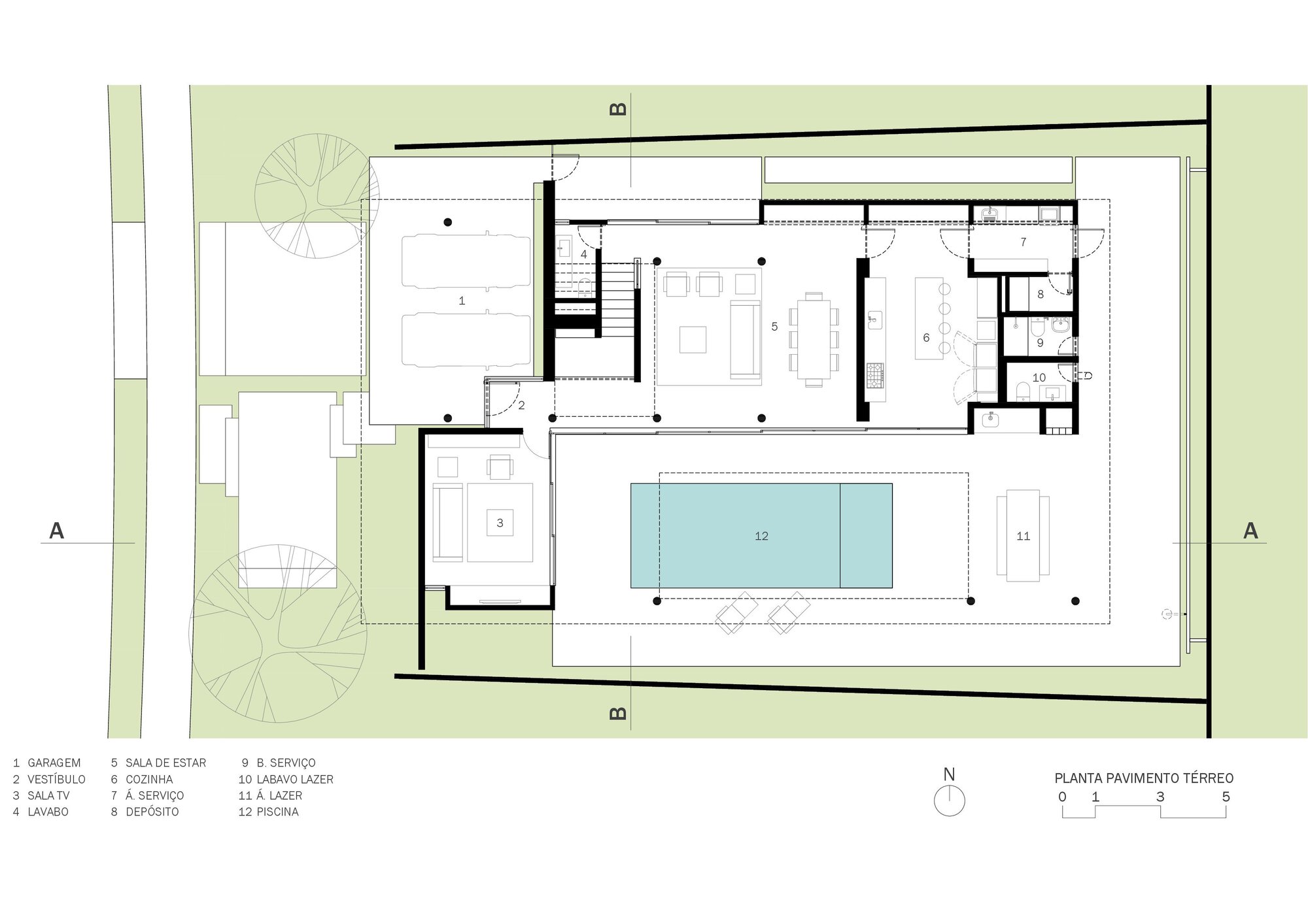 Ground floor plan drawing showing rooms arranged around a central pool and outdoor spaces