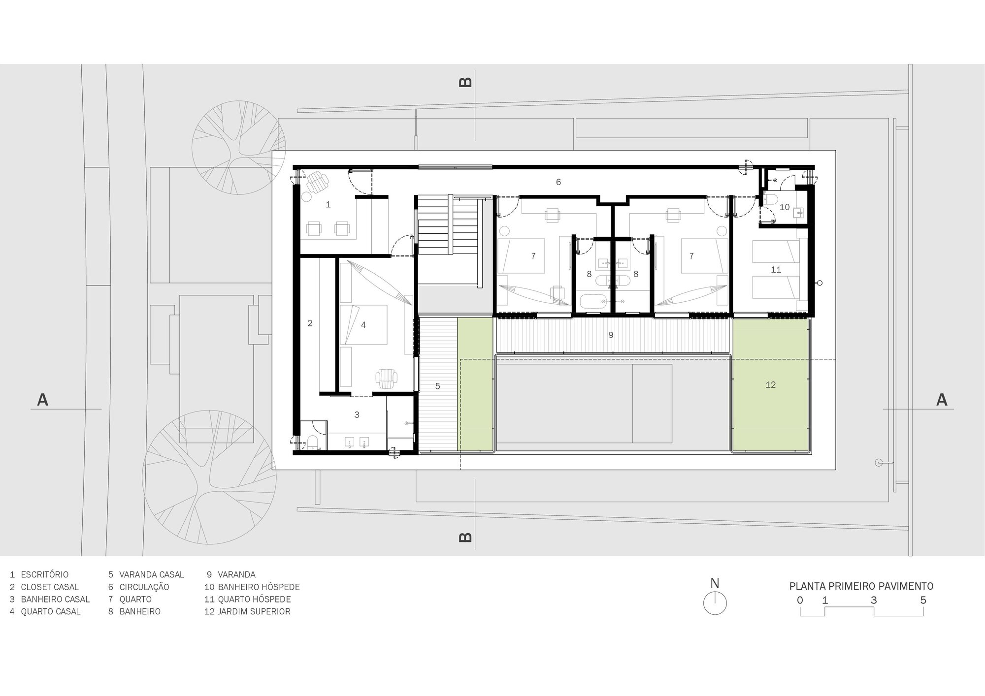 First floor plan drawing showing bedrooms and circulation around a central courtyard void