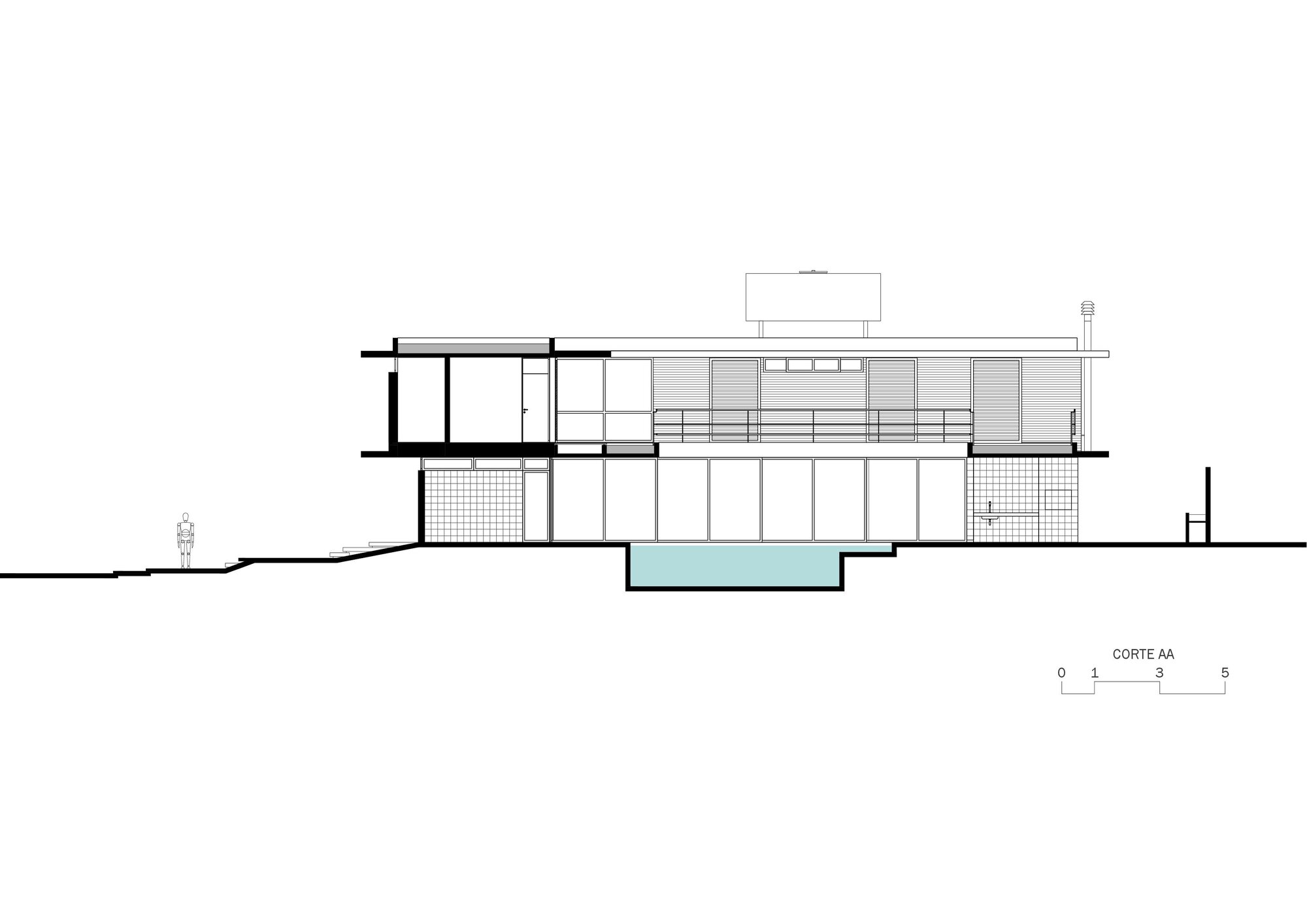 Section drawing showing the split-level arrangement with pool and stacked interior volumes