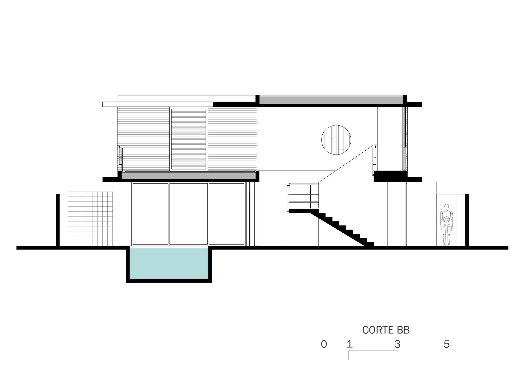 Section drawing showing a two-story residence with an internal staircase and a pool at ground level