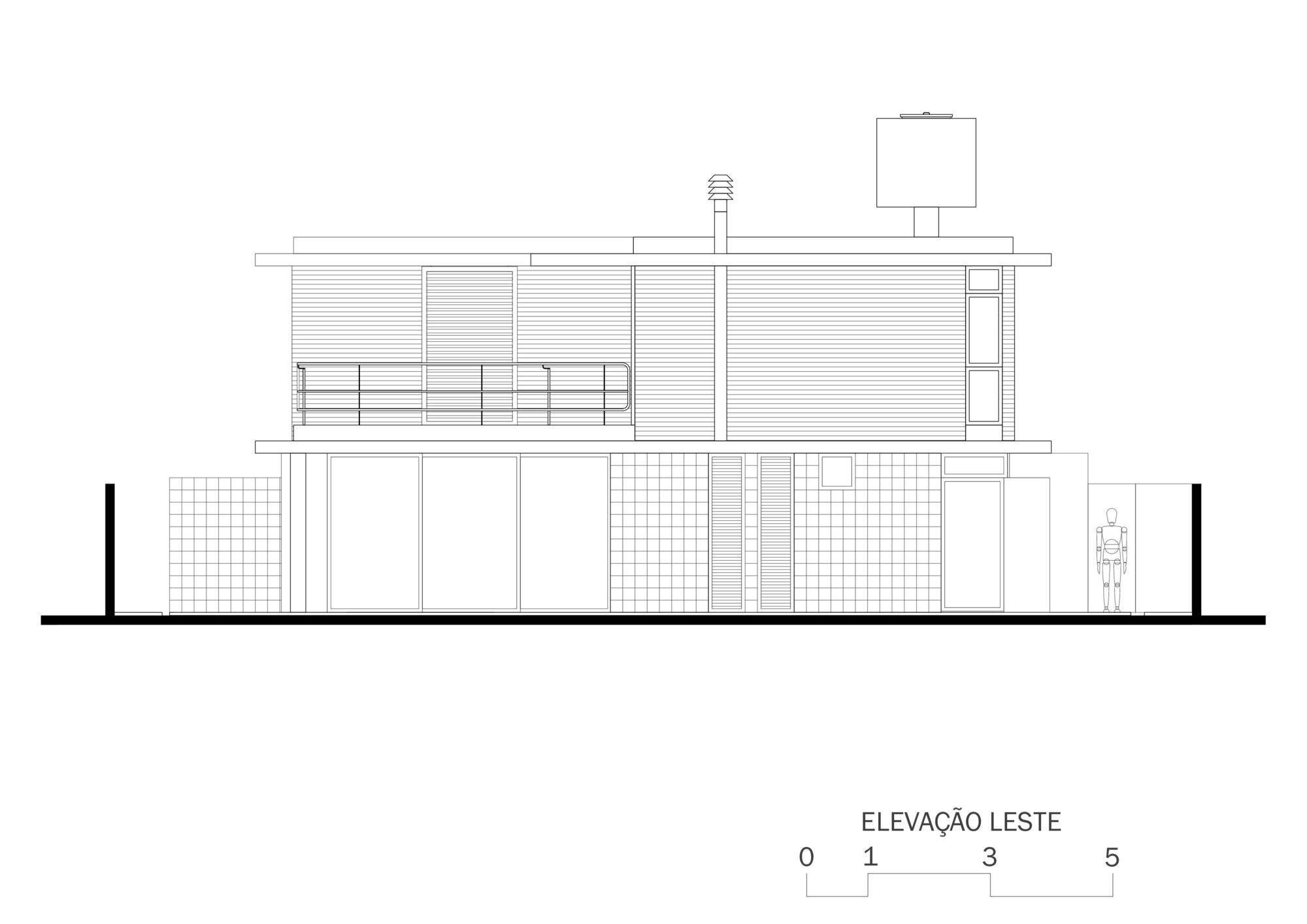 East elevation drawing showing the layered facade with louvered panels and screened ground-level enclosures