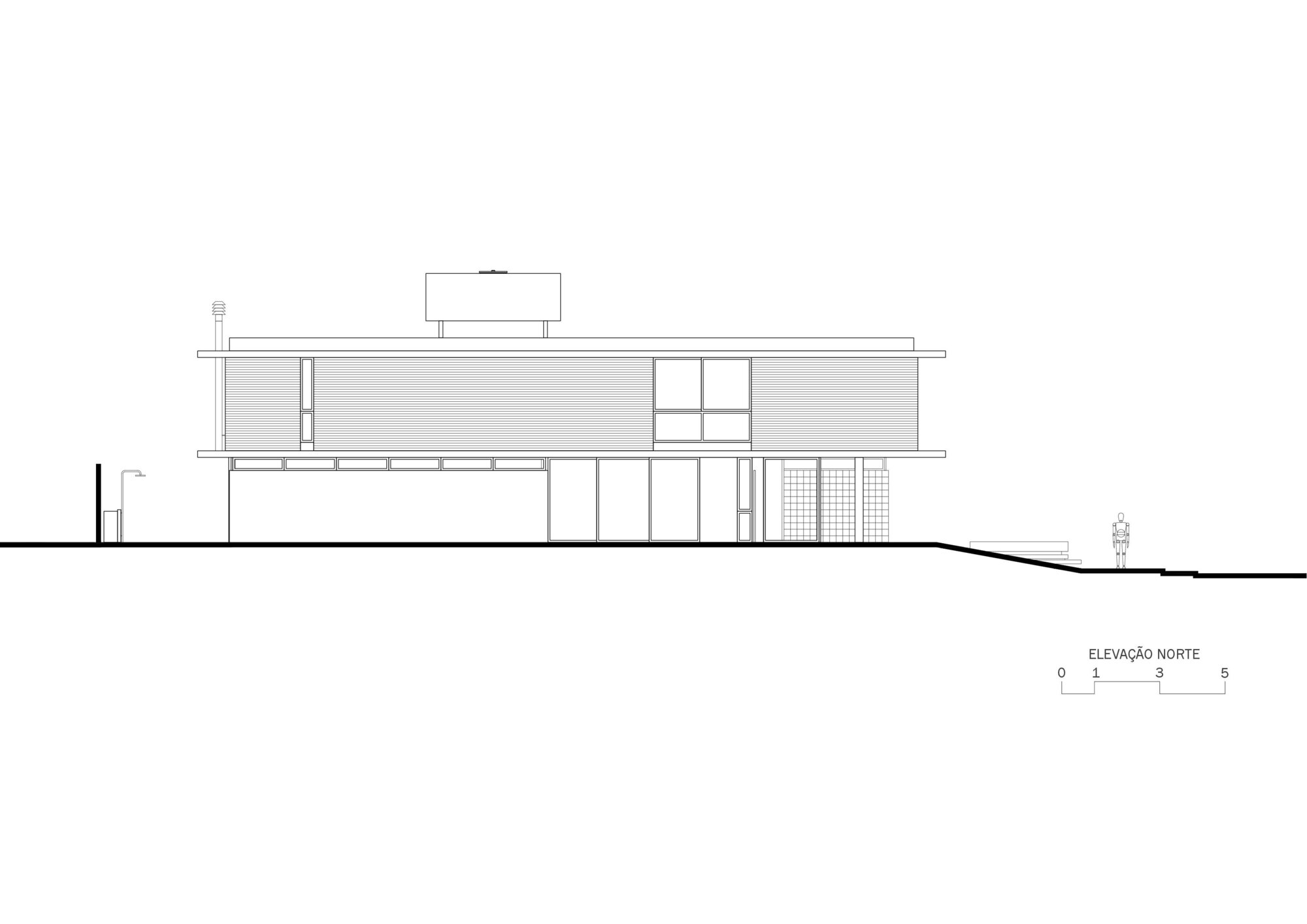 North elevation drawing illustrating the horizontal composition with glazing and screened sections on sloped ground