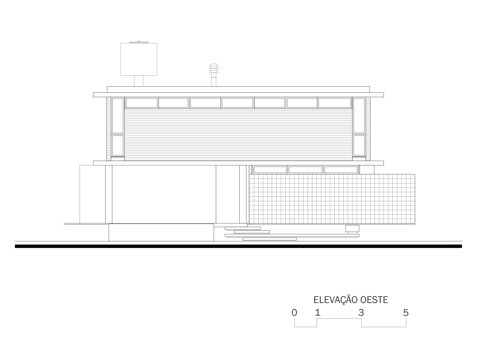 West elevation drawing revealing clerestory windows and a screened enclosure at the lower level