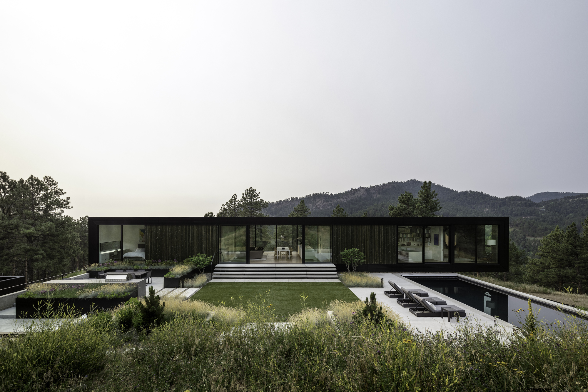 Black vertical cladding facade with full-height glazing overlooking a green roof and distant mountains under overcast skies