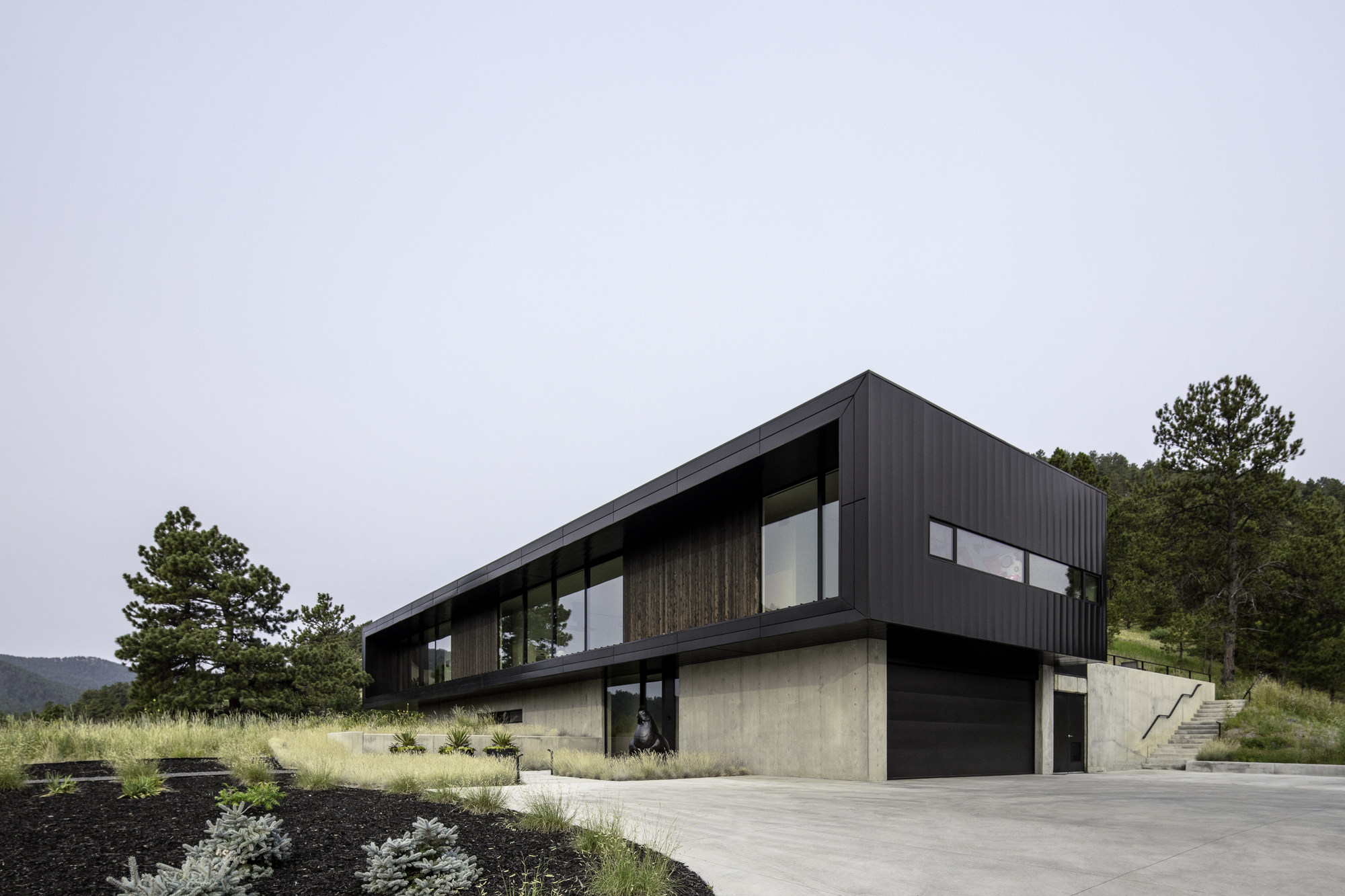 Two-story volume with black corrugated metal upper level and concrete lower level beside a concrete driveway