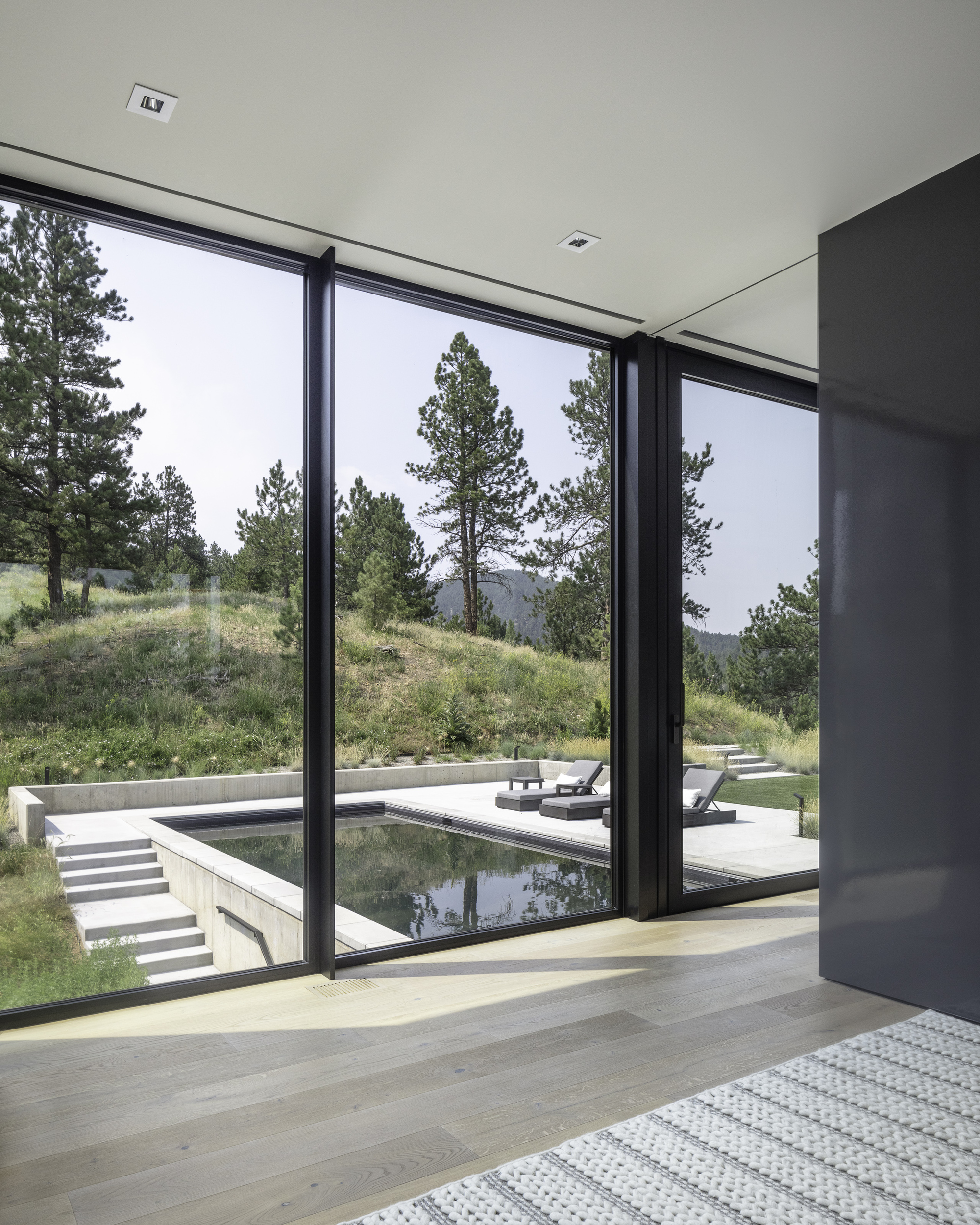 Interior view through black-framed glazing to an exterior pool terrace with pine trees beyond