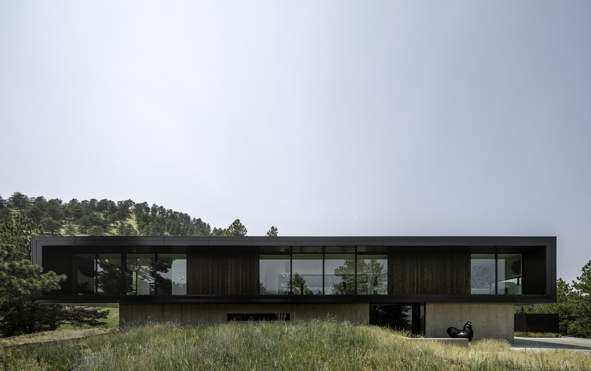 Long view of the dark timber and glass upper volume cantilevers over a concrete base in dry grassland