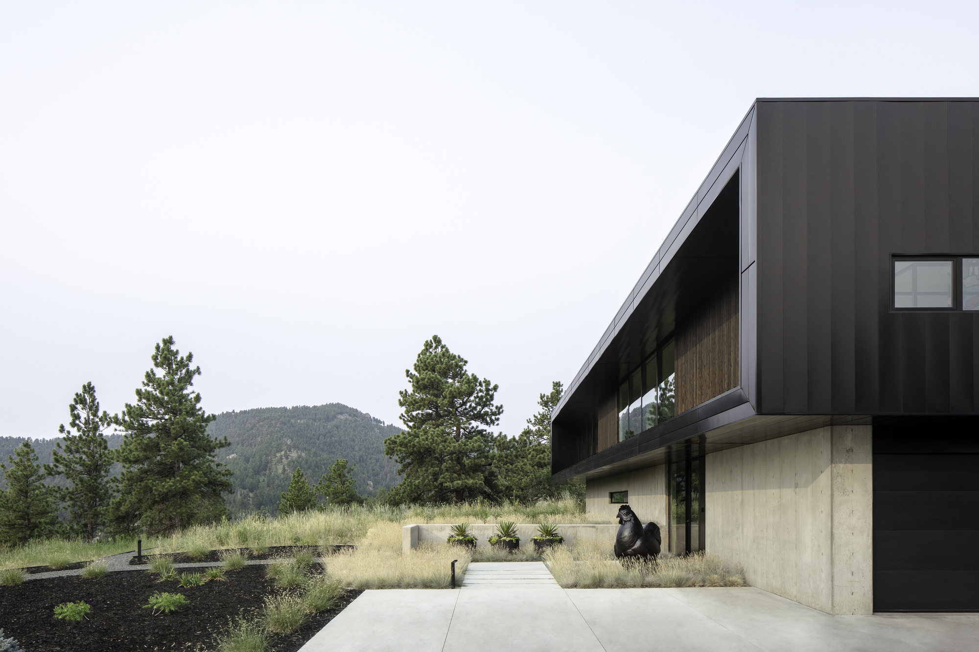 Concrete walkway passes the cantilevered black metal and timber volume with a seated figure in shadow