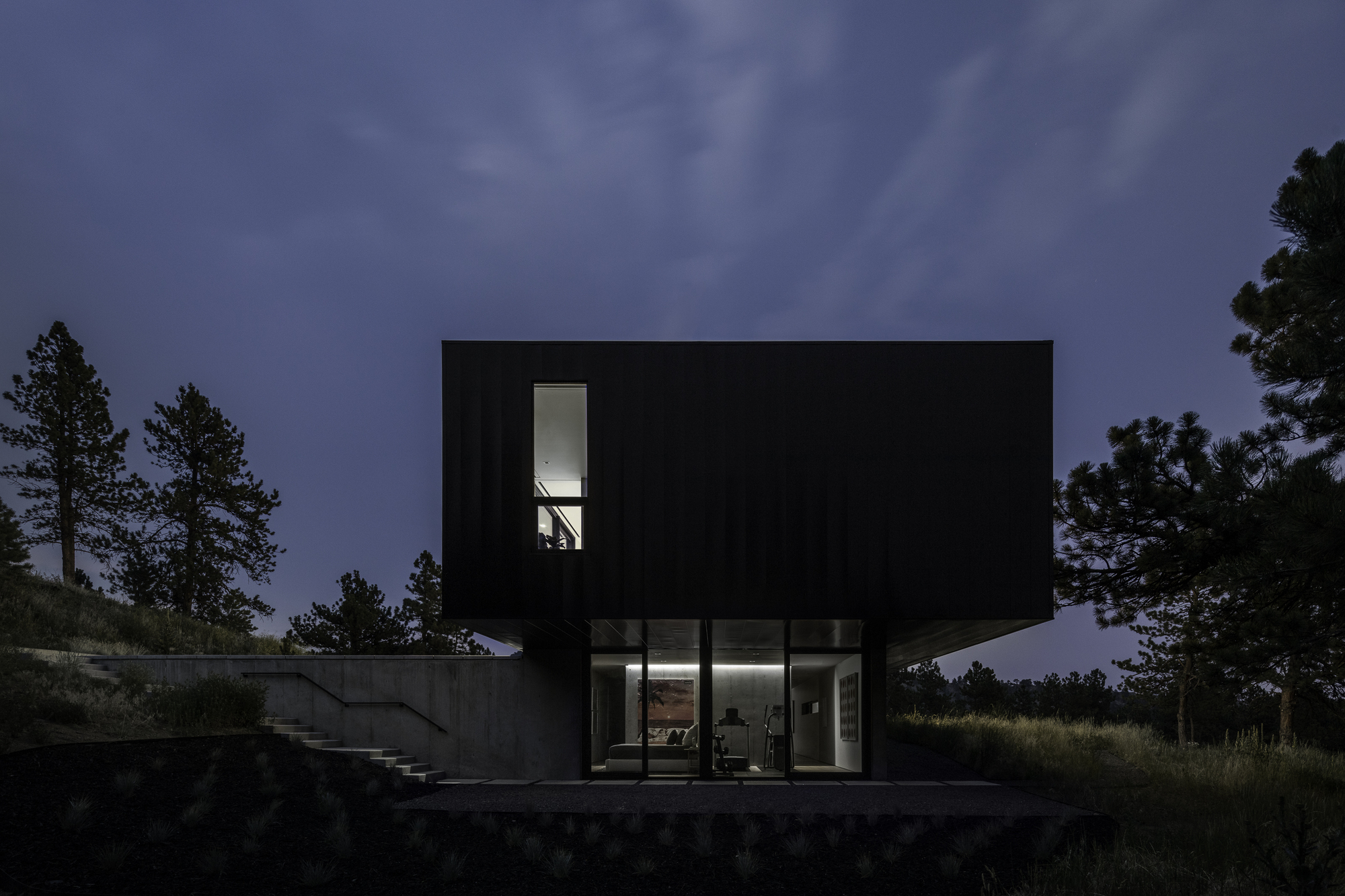 Two-story black facade with vertical window and full-height glazing flanked by pines at night