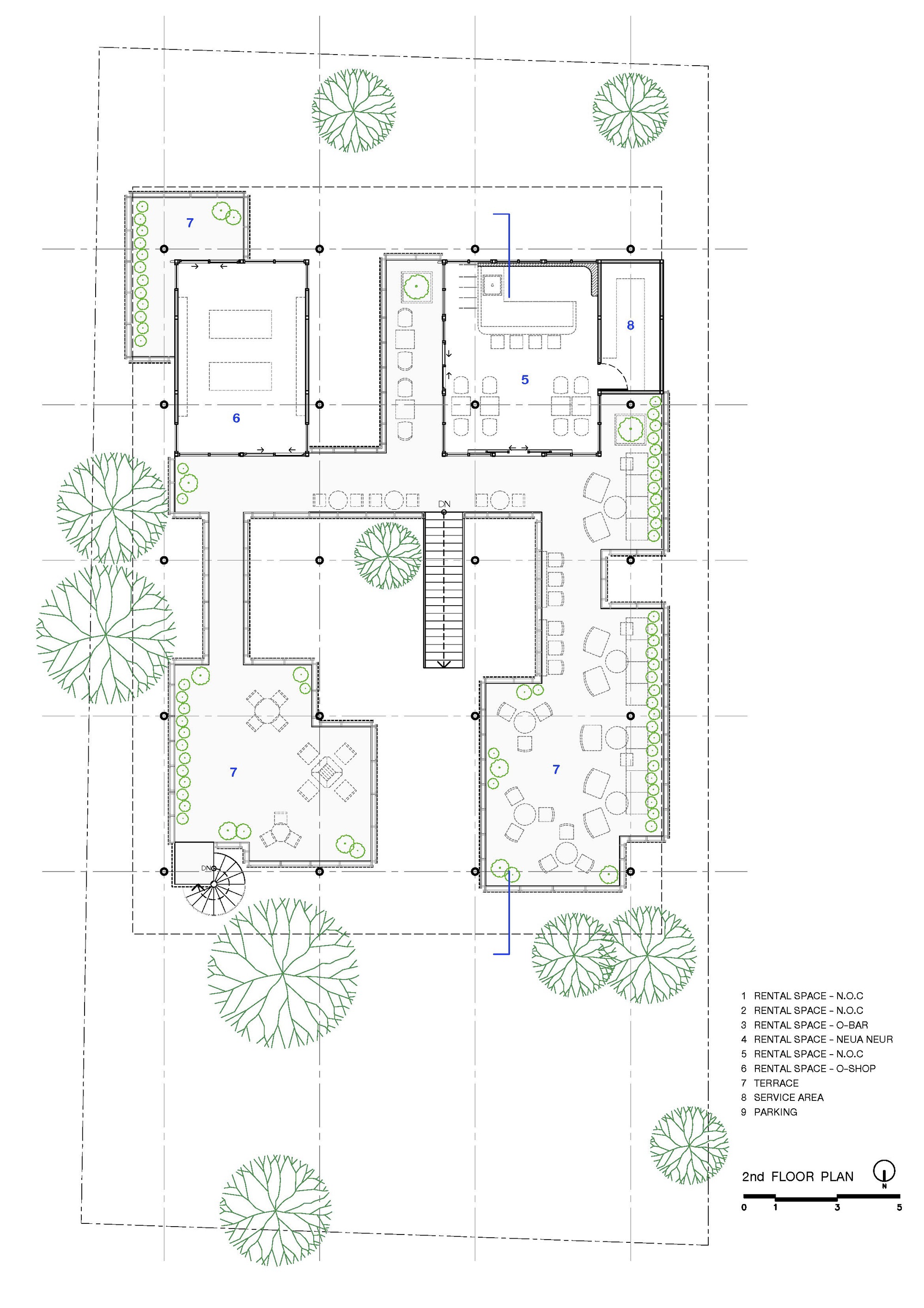 Second floor plan drawing depicting residential units and terraces with planted edges
