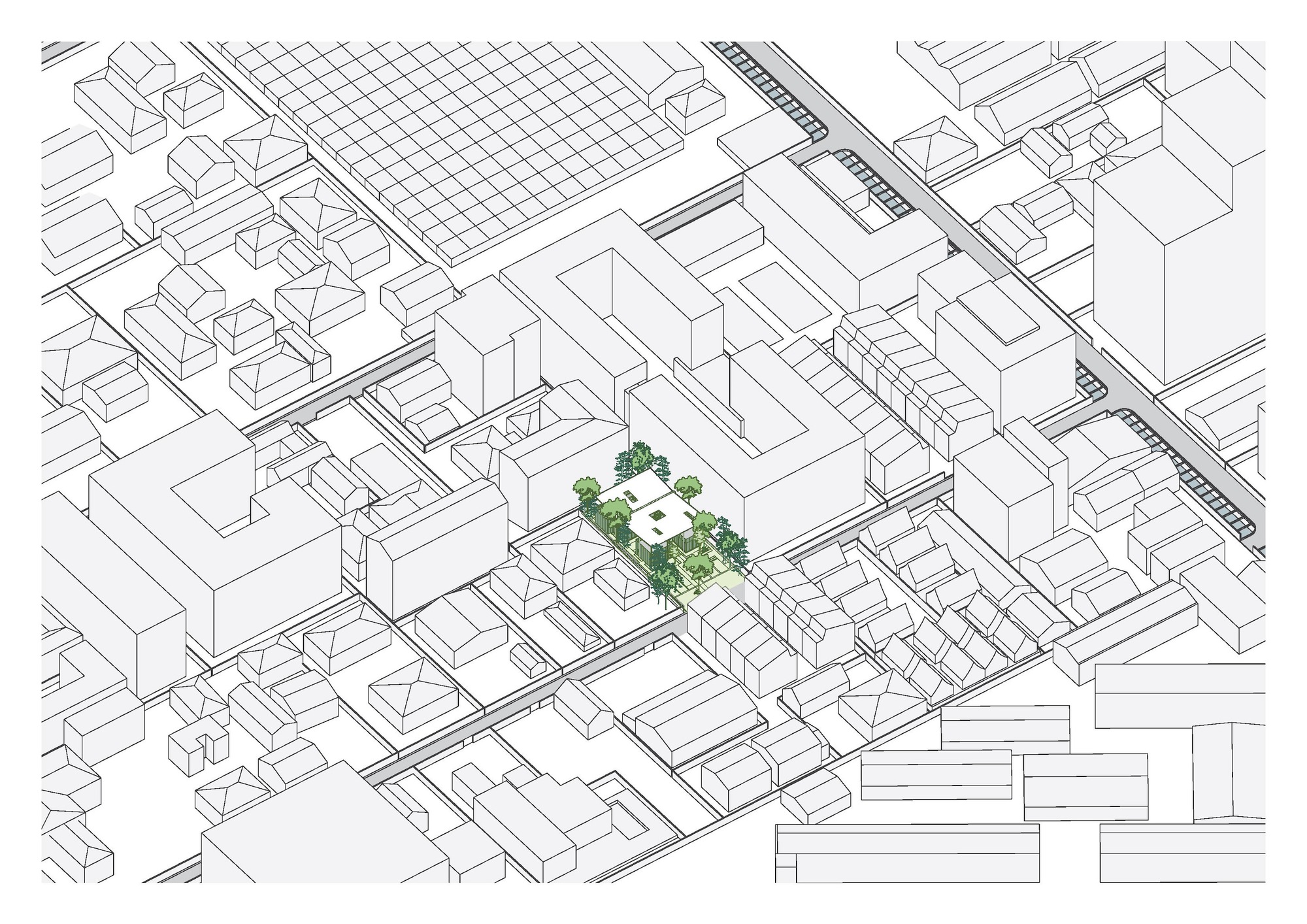 Isometric drawing showing the landscaped courtyard within a dense urban block