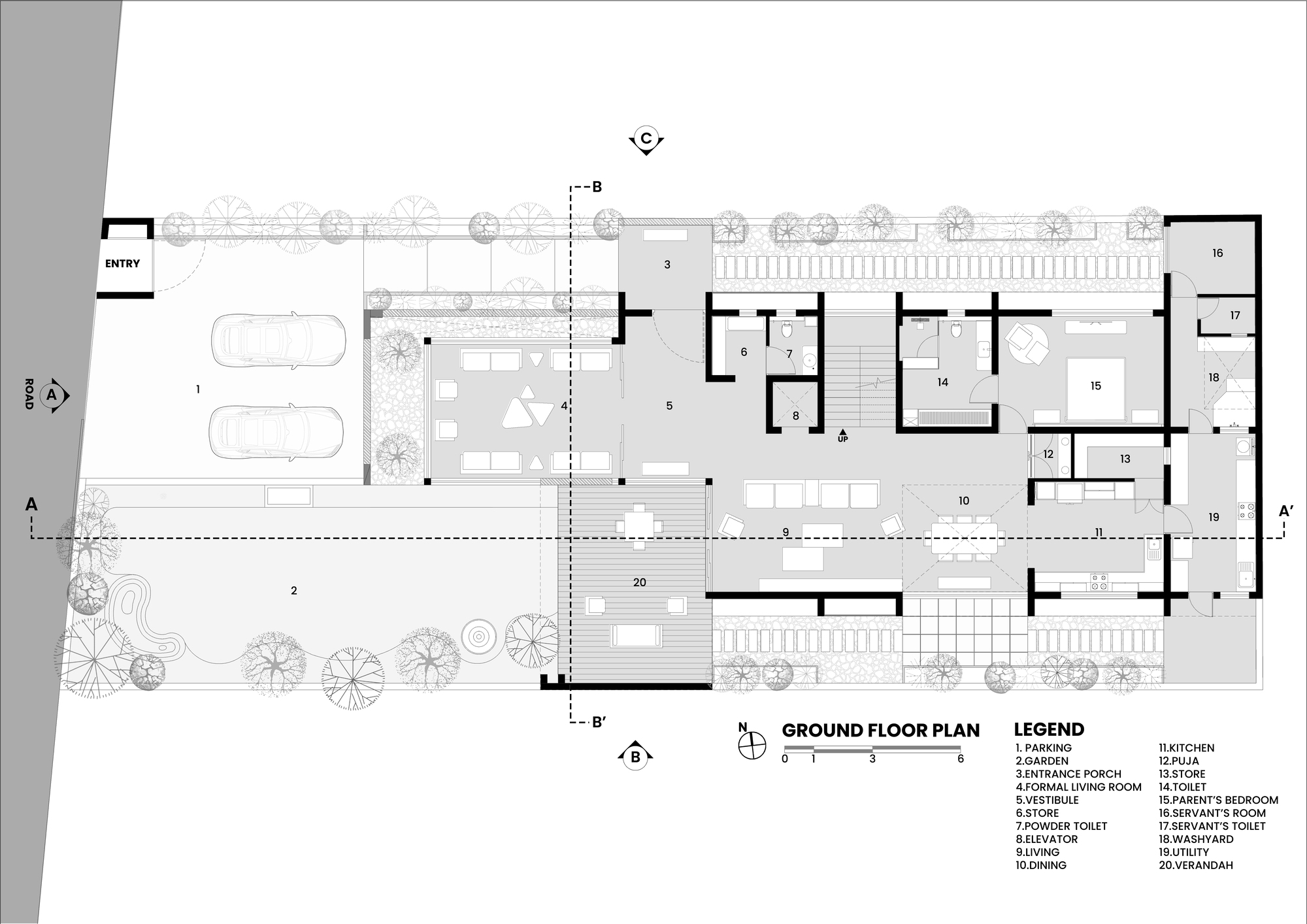Ground floor plan drawing showing parking, entrance porch, living areas, bedrooms, and landscaped courtyards