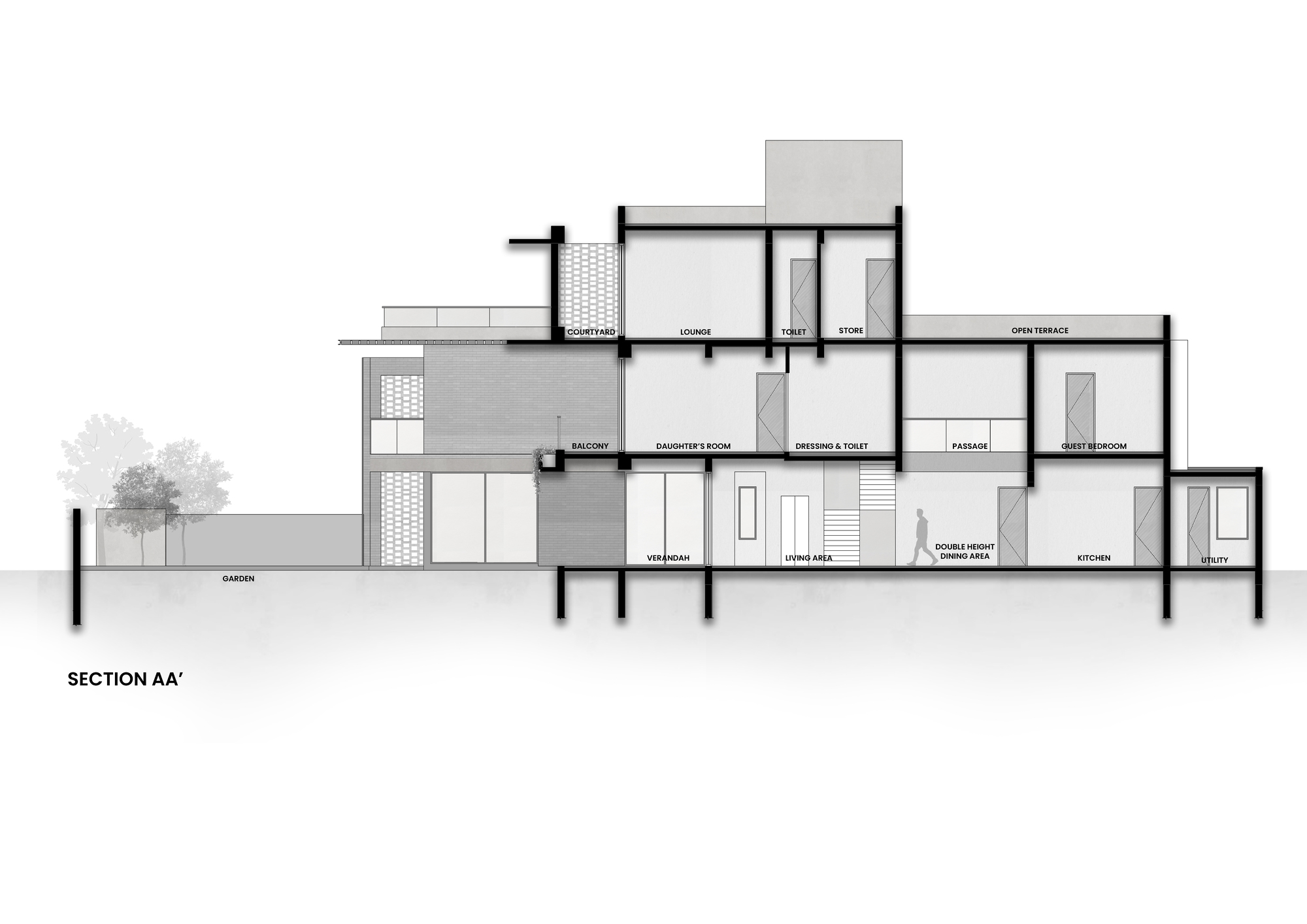 Section drawing showing split-level interior spaces with a garden tree at the left edge