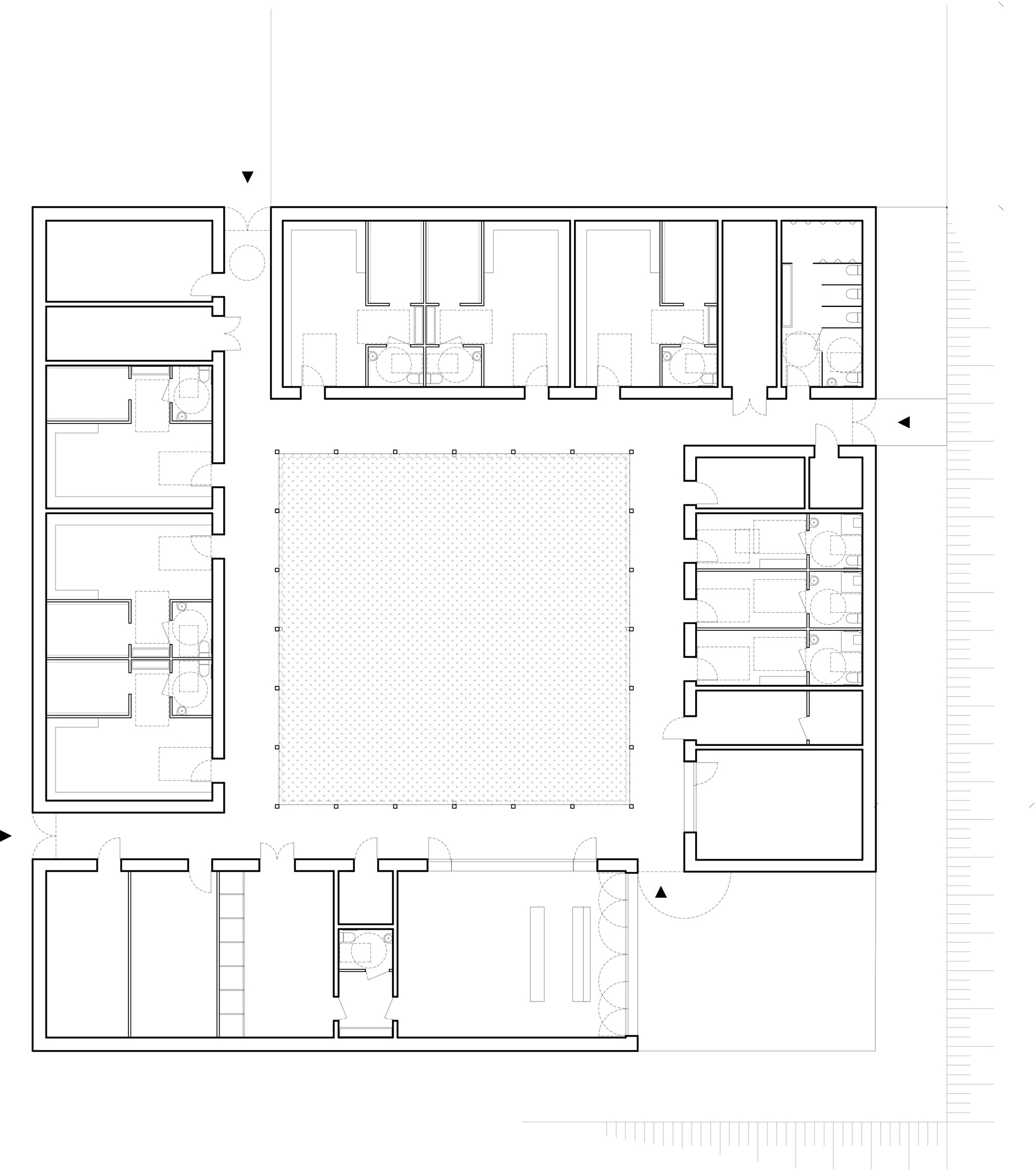 Floor plan drawing showing rooms surrounding a large central courtyard with perimeter columns