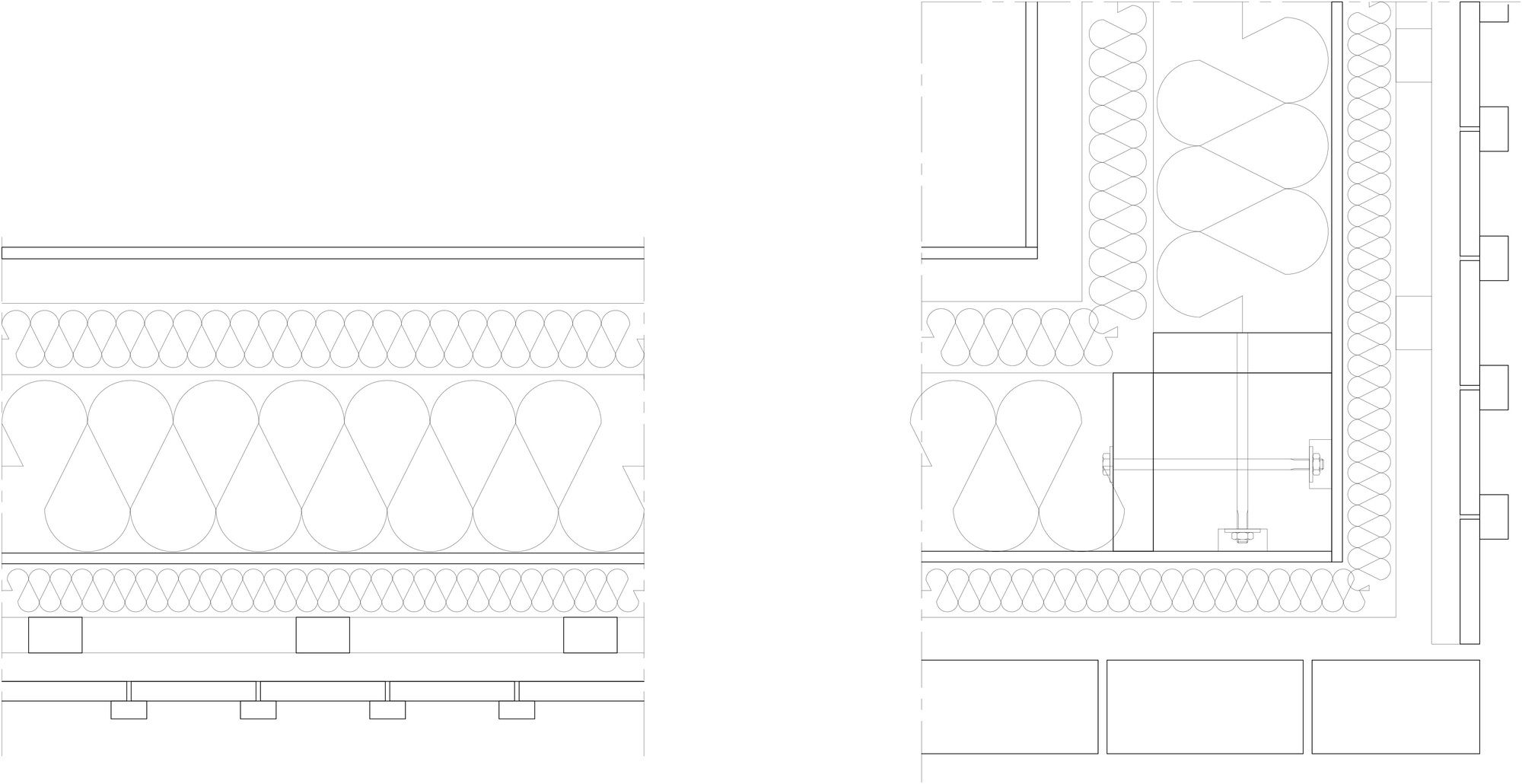 Wall section detail drawing showing insulation assembly at corner window condition with glazing frames