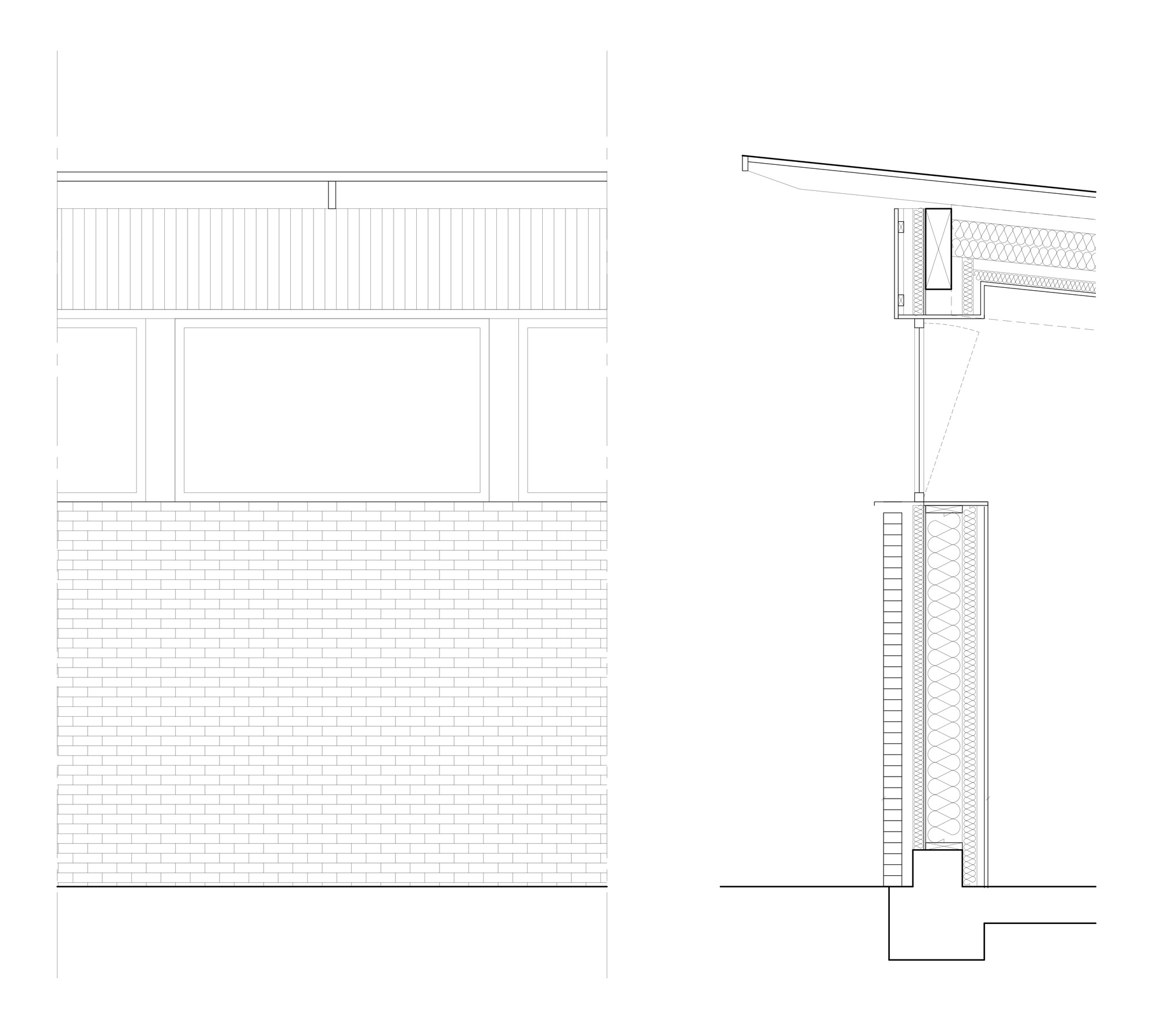 Elevation and section drawings showing brick wall base with vertical cladding and sloped roof detail