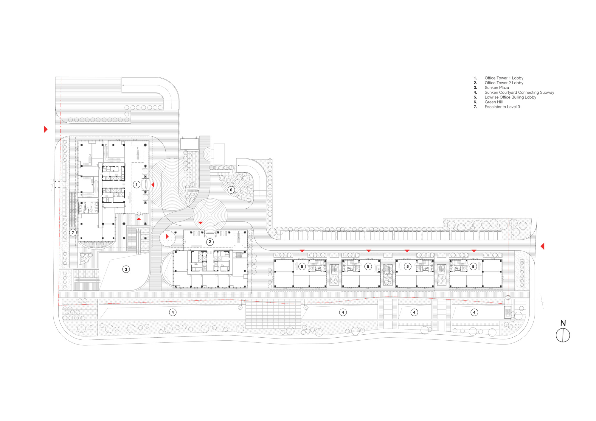 Site plan drawing showing the tower and linear bar buildings with landscaping and circulation paths