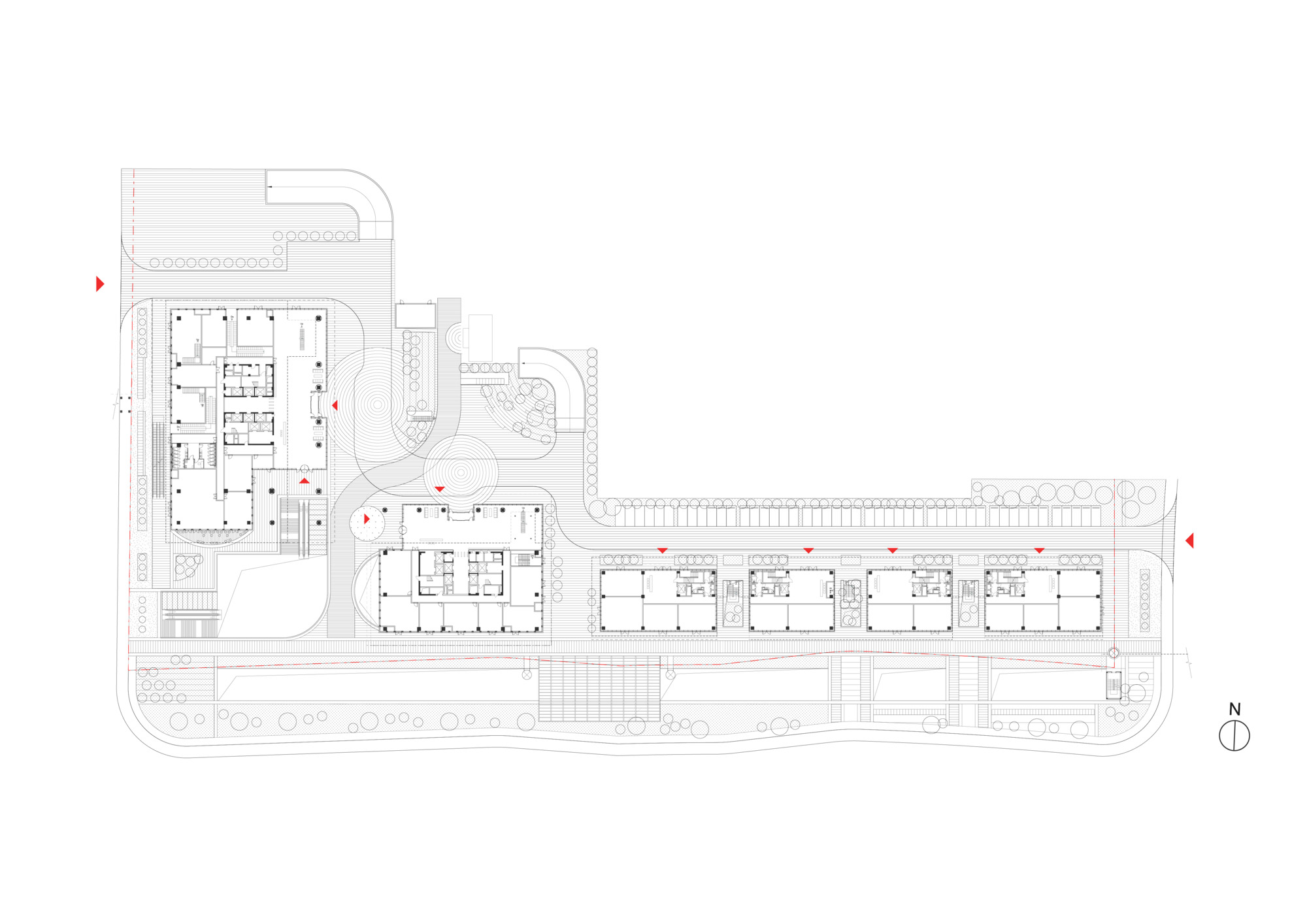 Ground floor plan drawing showing the tower lobby and elongated bar with repeating room modules