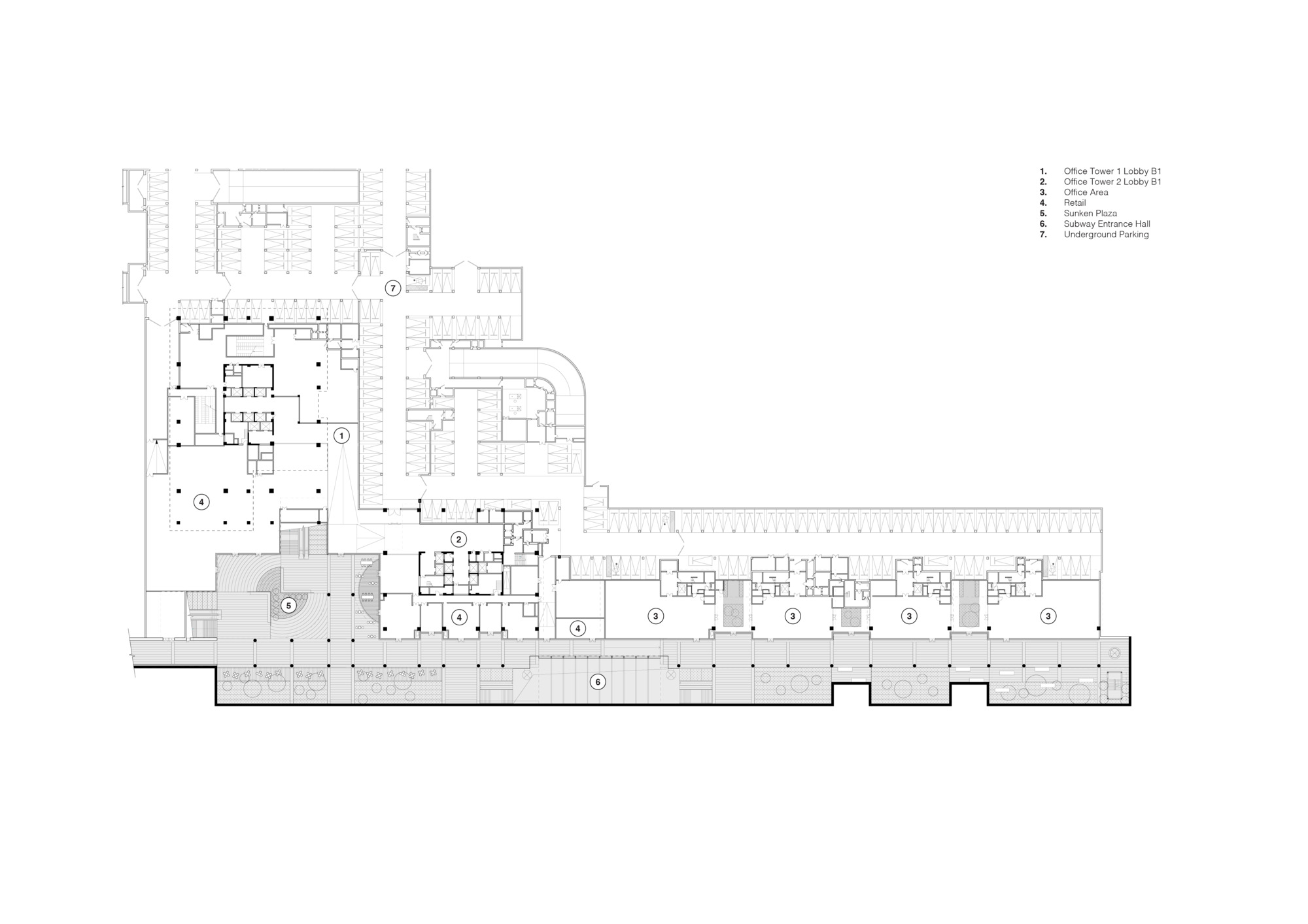 Upper floor plan drawing showing office layouts in the tower and linear wing with core elements