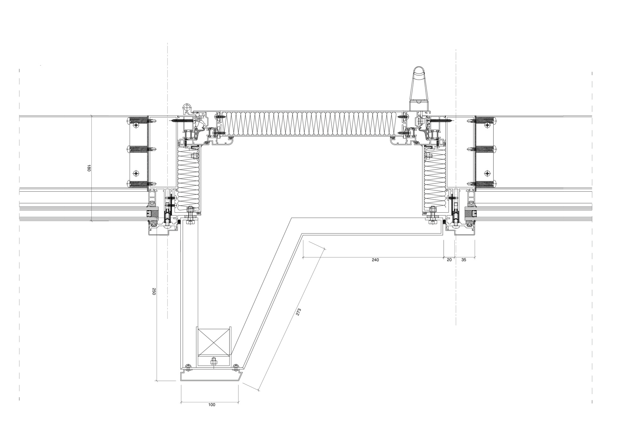 Section detail drawing of a skylight assembly with flanking frames and dimension annotations