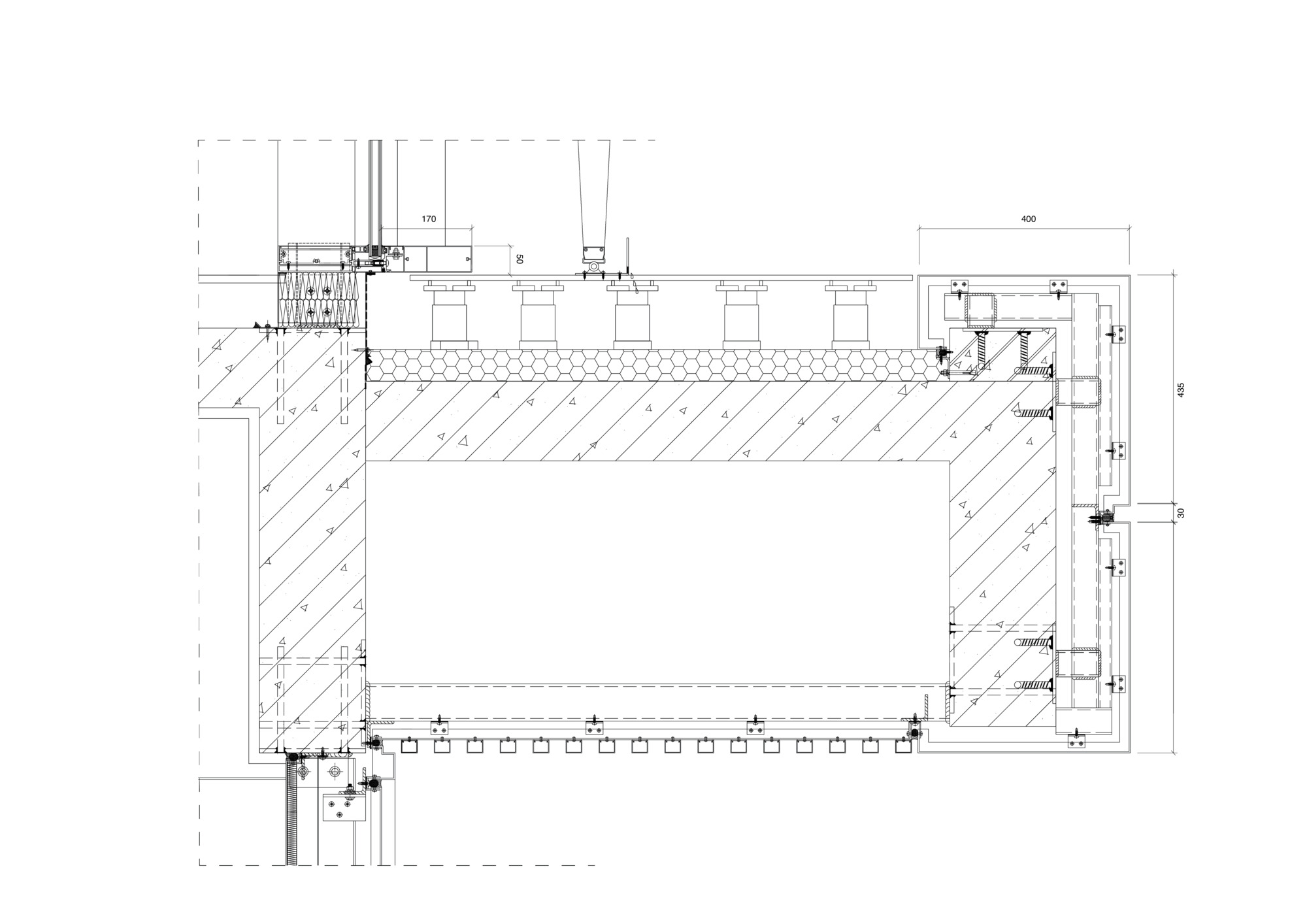 Section detail drawing of a roof hatch assembly with insulated curb and flanking trim