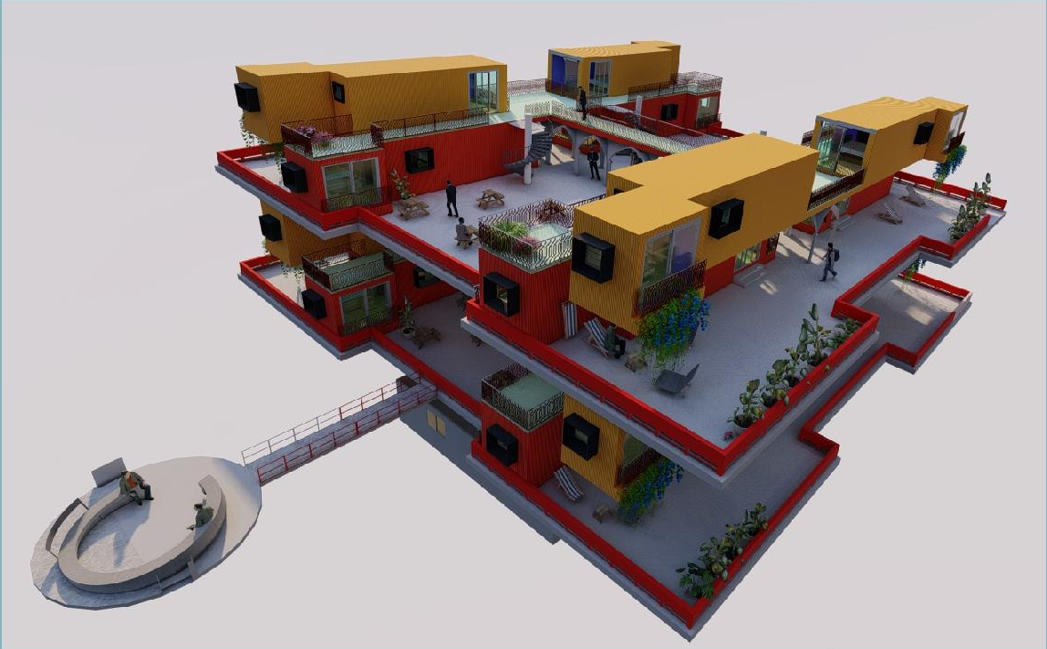 Modular container housing redefines adaptive reuse architecture through flexible offshore living spaces.