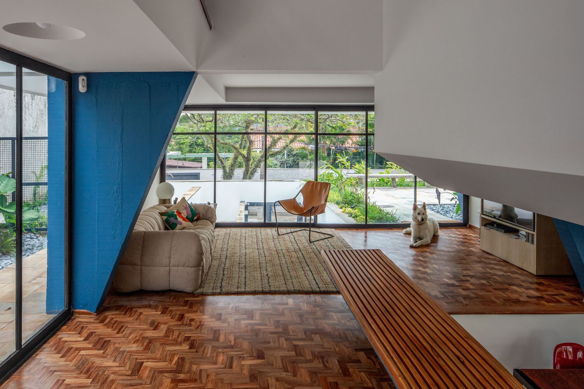 Split-level interior with herringbone parquet flooring and angled blue structural elements beside glazed courtyard