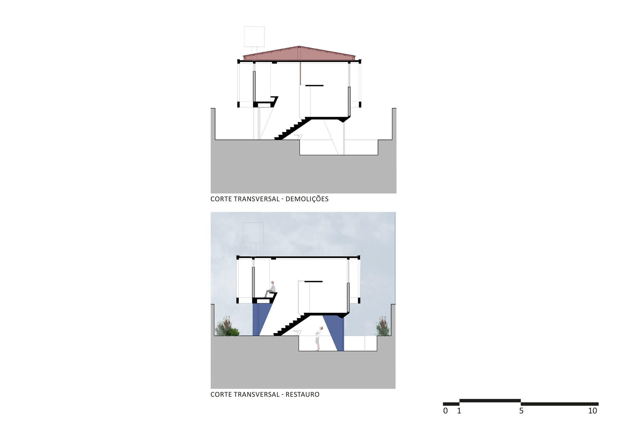 Transverse section drawing revealing the central staircase beneath a pyramidal roof with planted edges