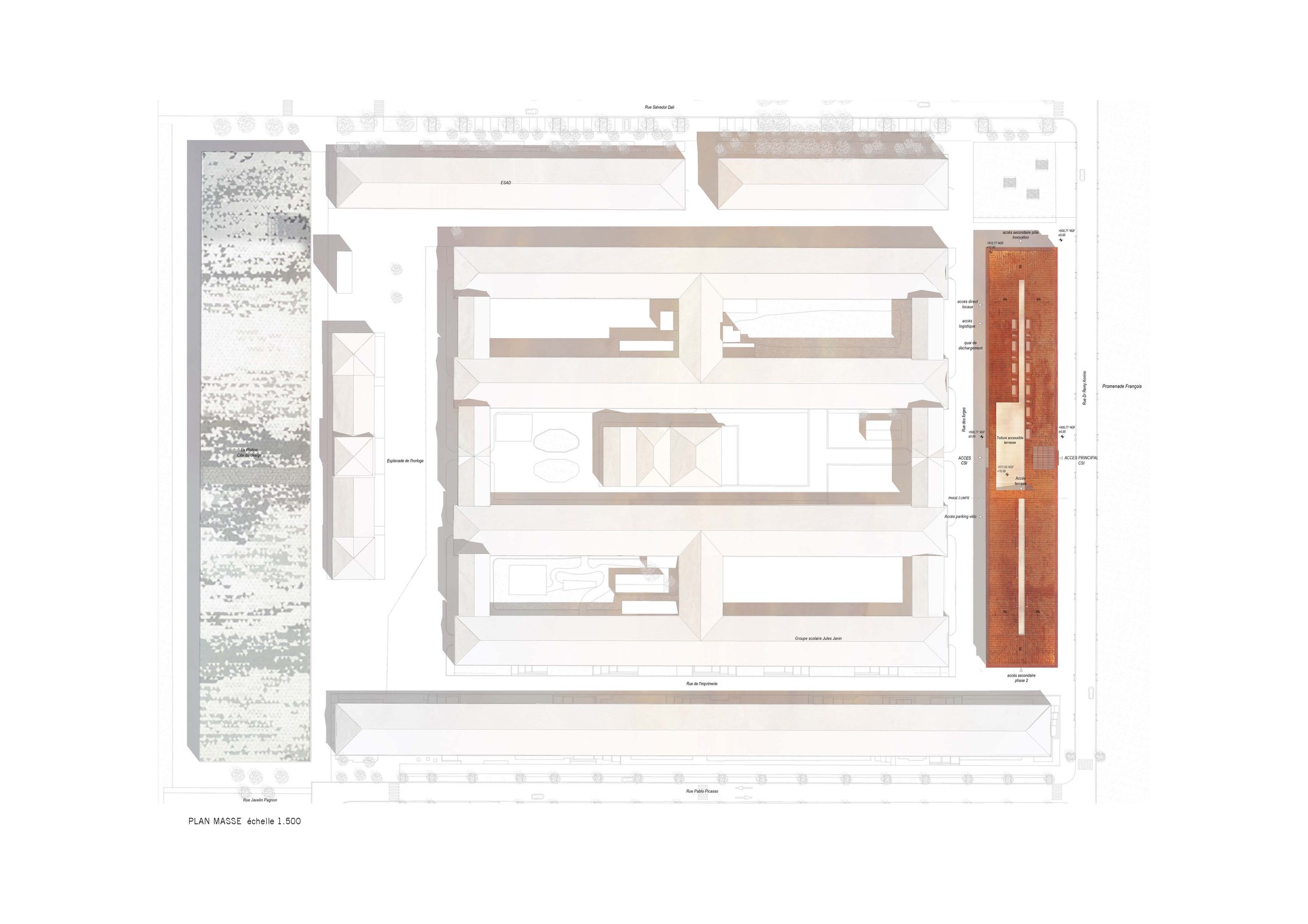 Site plan drawing showing a long orange block among surrounding white building footprints