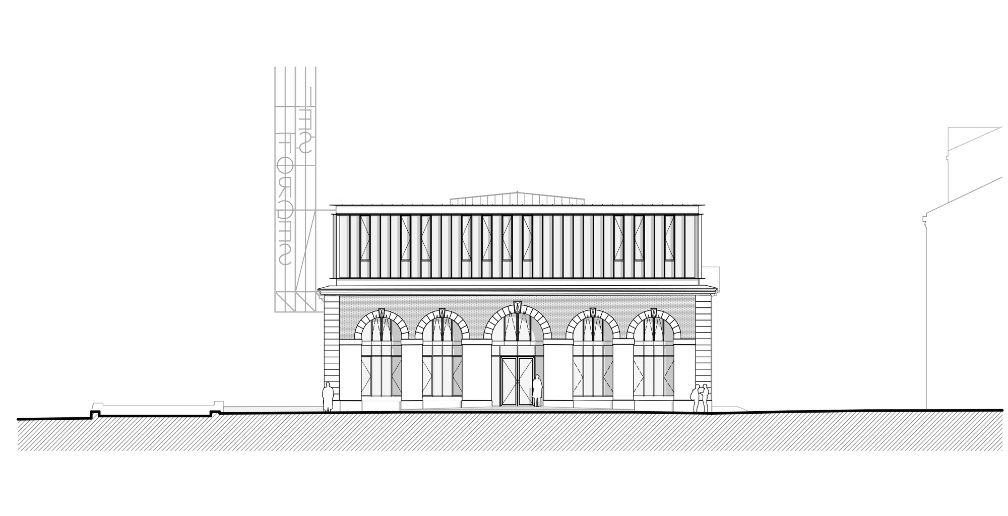 Elevation drawing depicting a two-level facade with arched openings and a rooftop terrace with slats