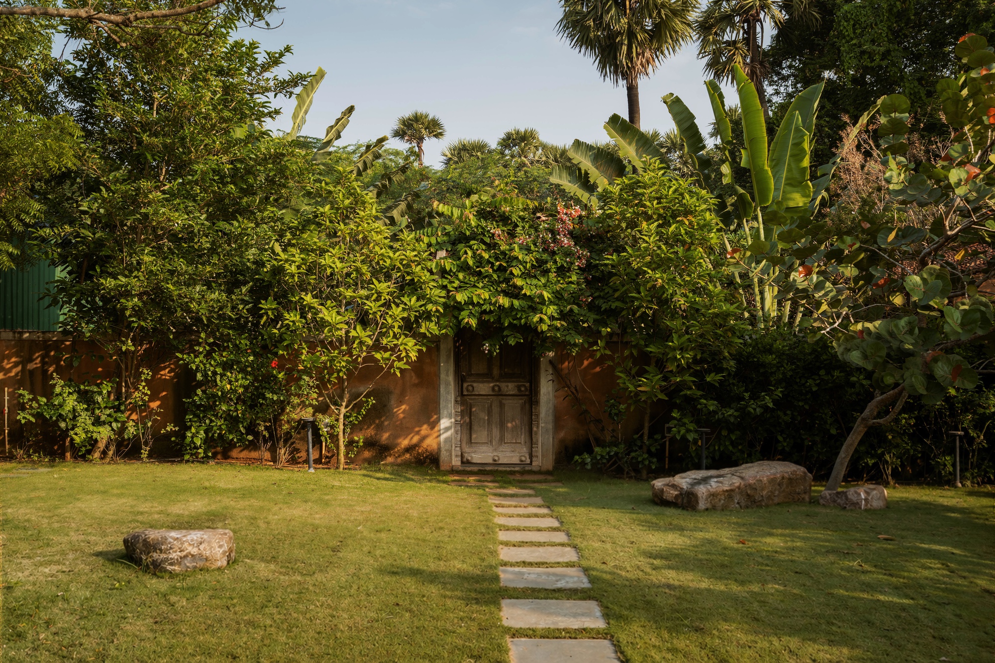 Stone pathway through lawn leading to a wooden door set within a planted earth wall